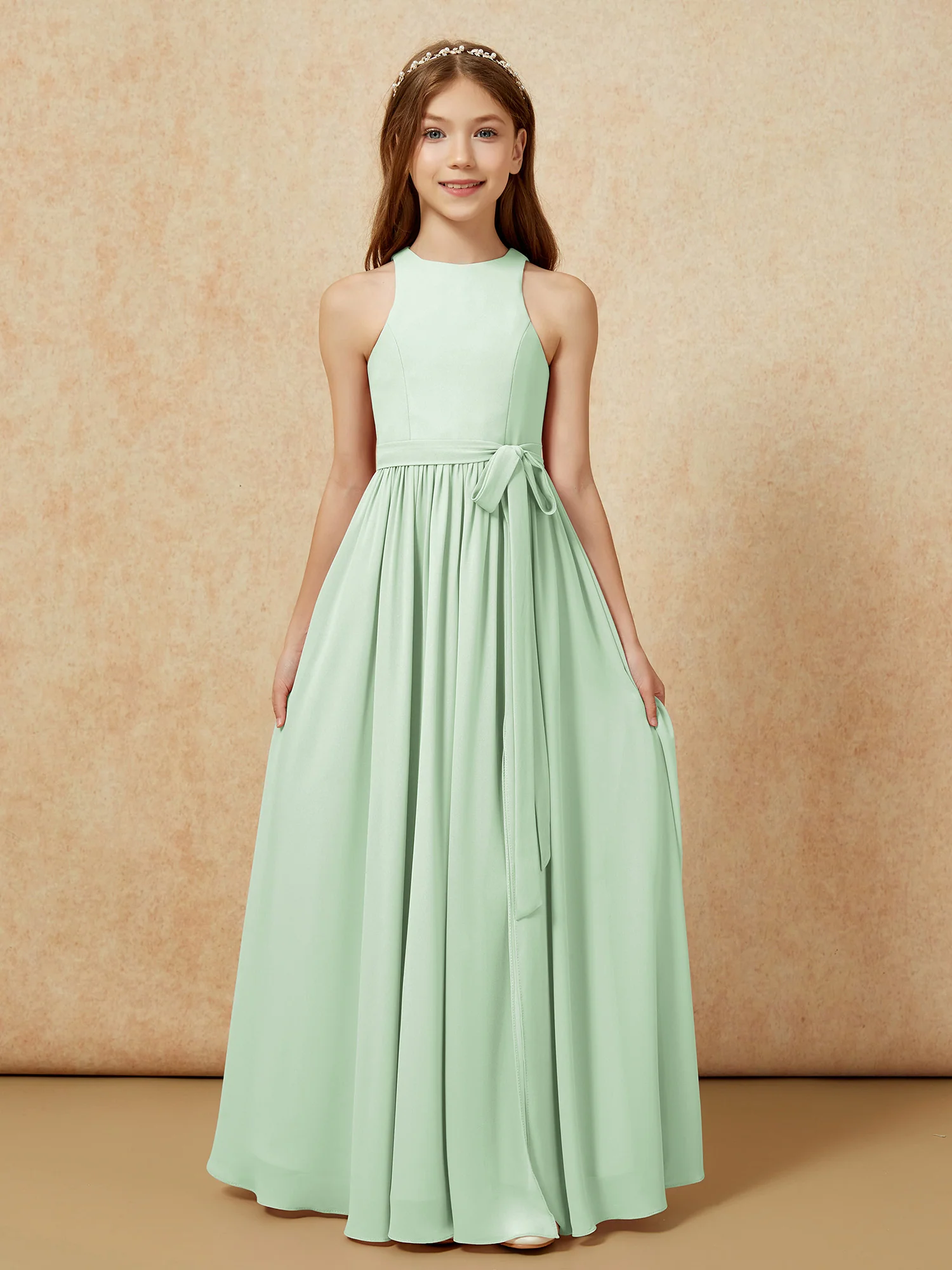 Simple sleeveless chiffon Junior Bridesmaid Dress Dusty Sage - Image 8