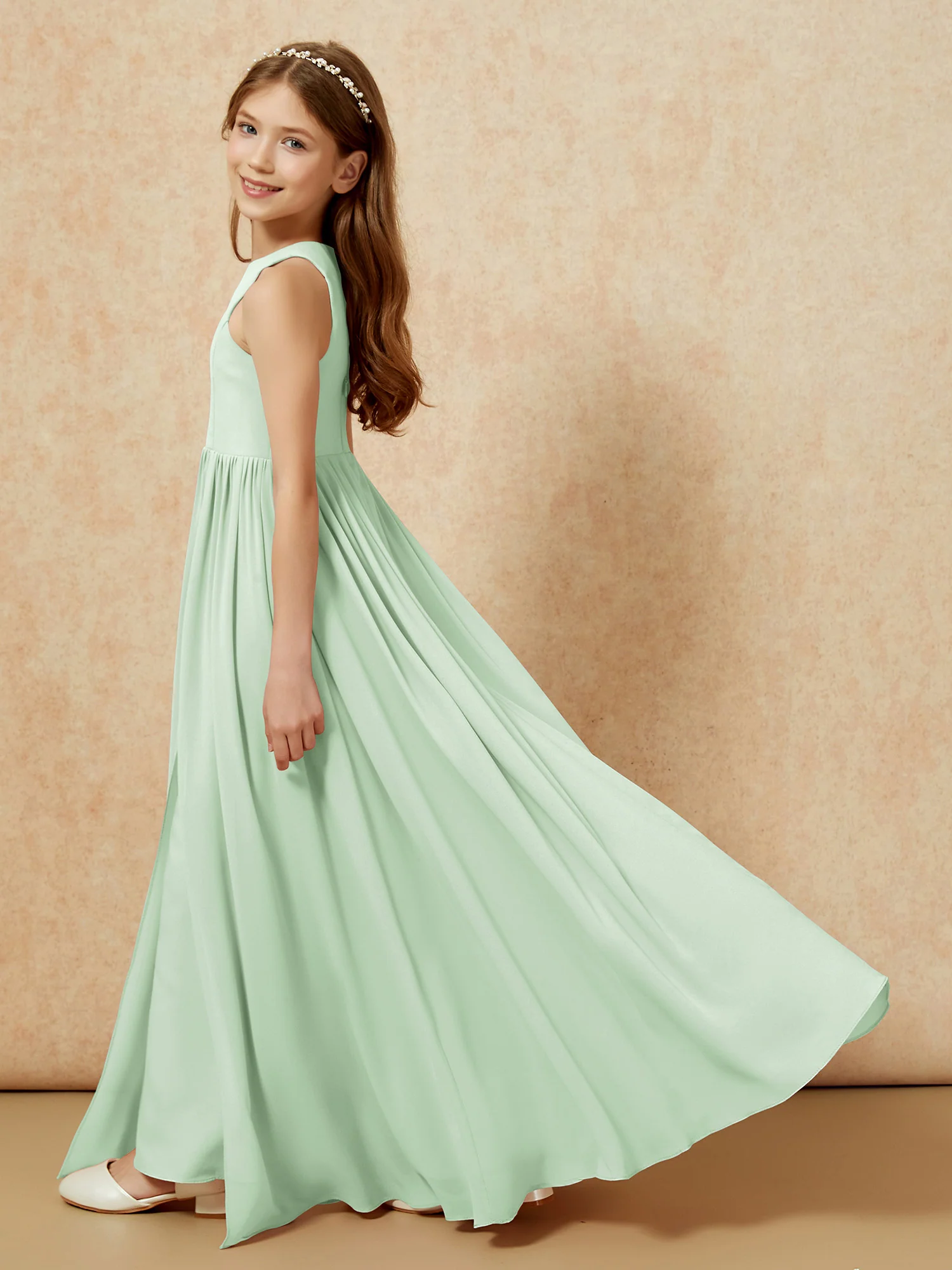 Simple sleeveless chiffon Junior Bridesmaid Dress Dusty Sage - Image 9