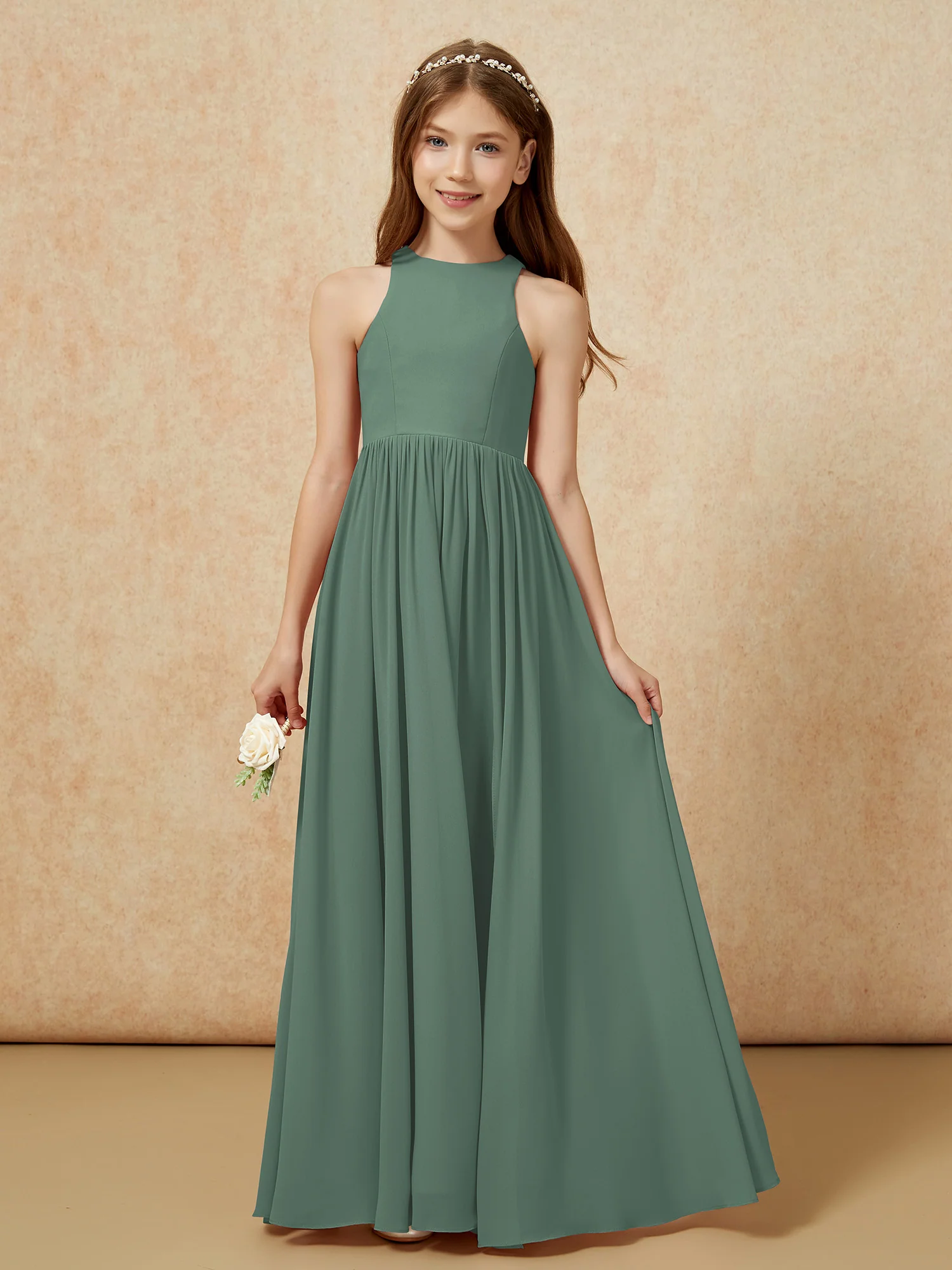 Simple sleeveless chiffon Junior Bridesmaid Dress Eucalyptus - Image 4