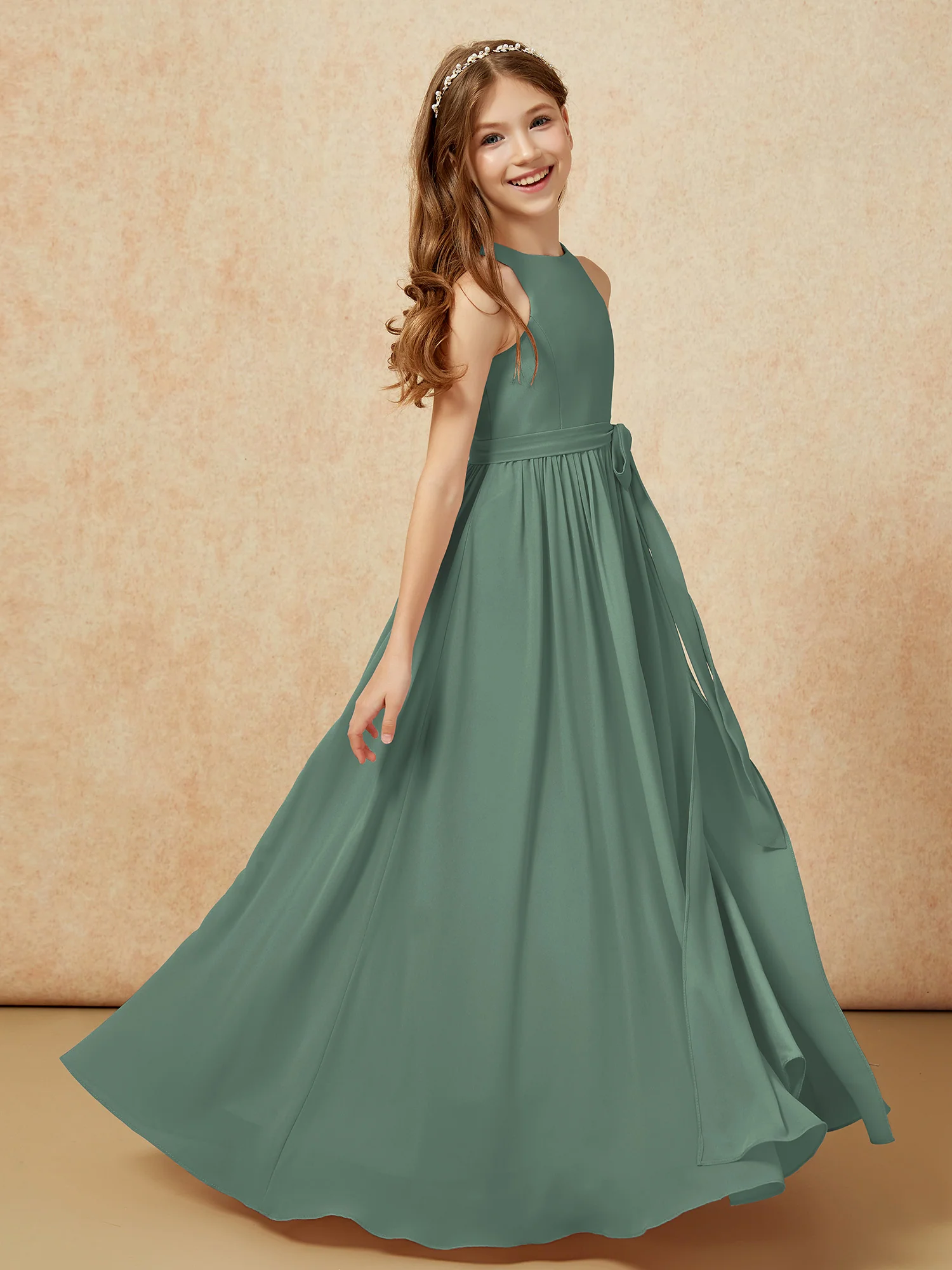 Simple sleeveless chiffon Junior Bridesmaid Dress Eucalyptus - Image 5