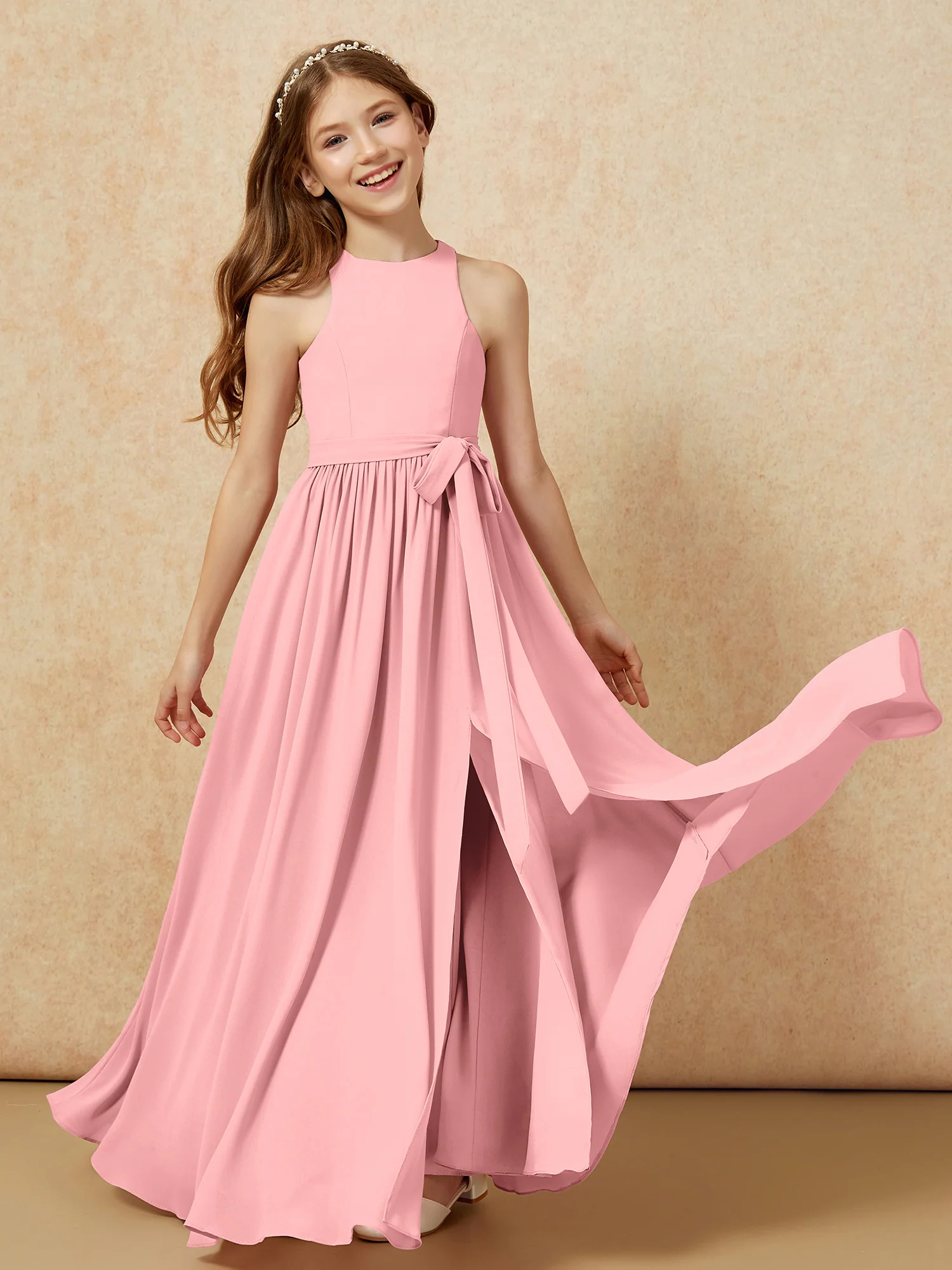 Simple sleeveless chiffon Junior Bridesmaid Dress Flamingo - Image 10