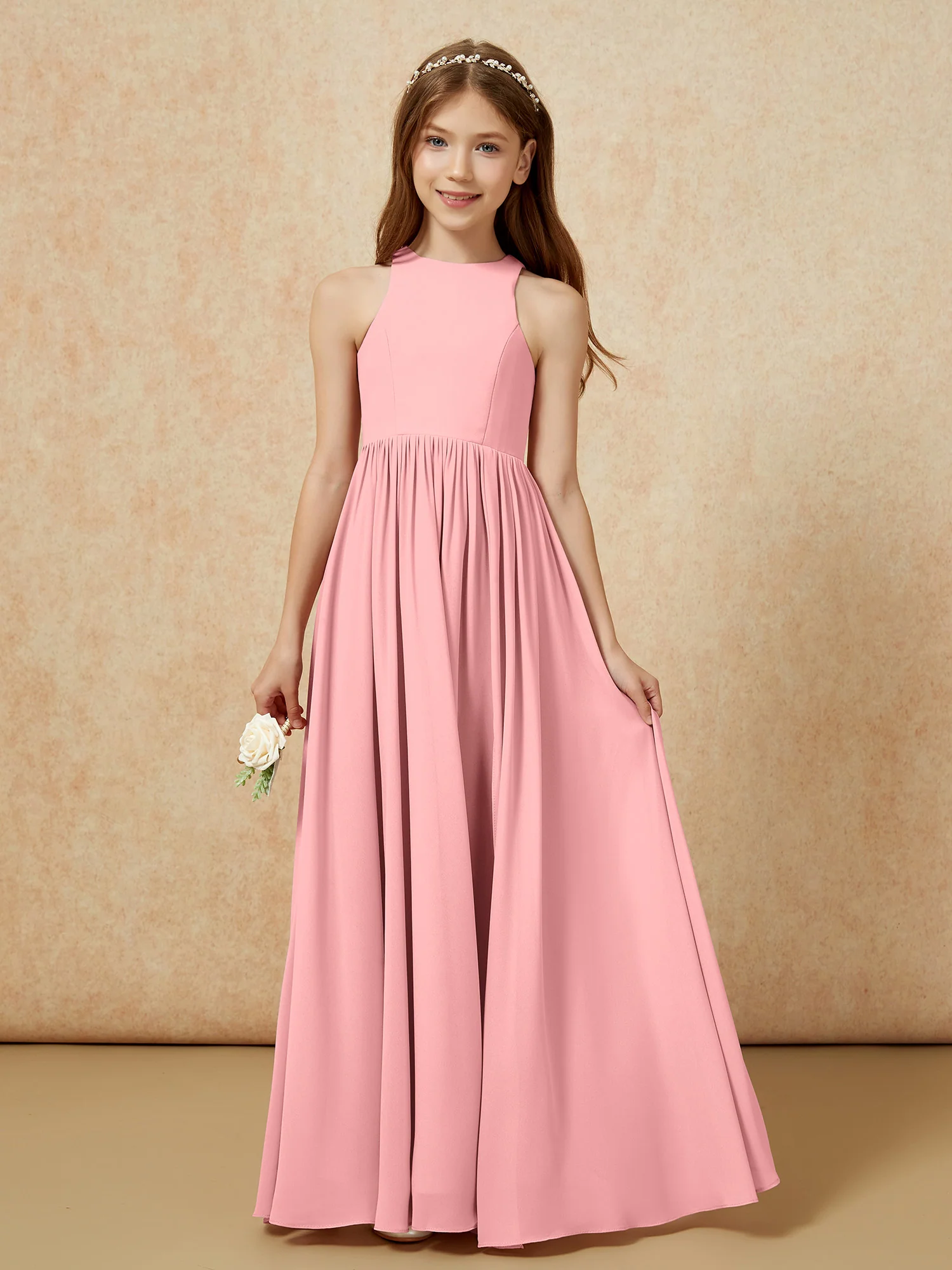 Simple sleeveless chiffon Junior Bridesmaid Dress Flamingo - Image 4