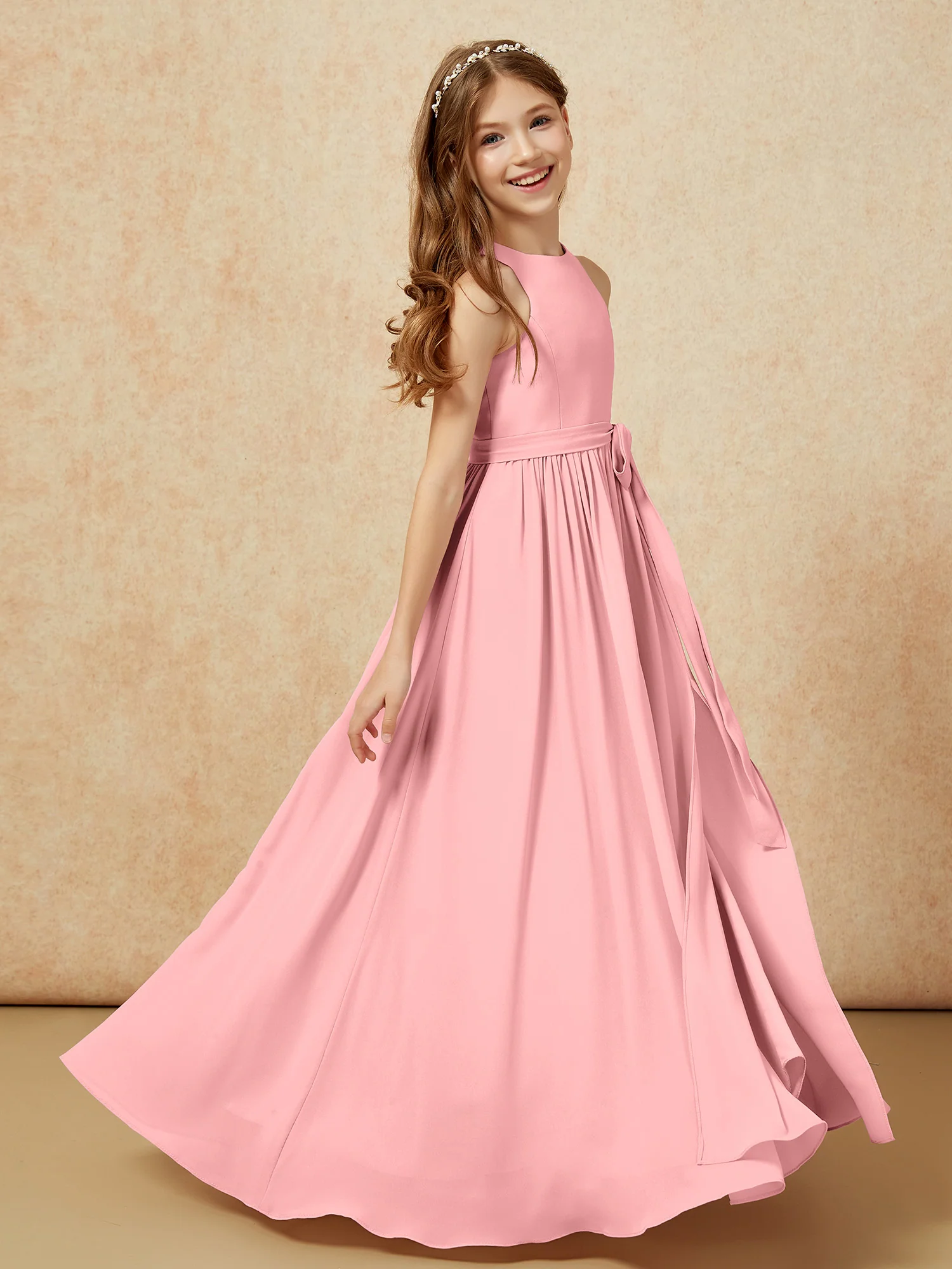 Simple sleeveless chiffon Junior Bridesmaid Dress Flamingo - Image 5