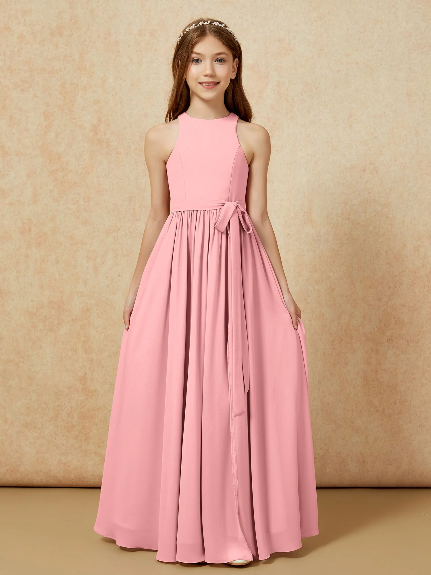 Simple sleeveless chiffon Junior Bridesmaid Dress Flamingo - Image 8