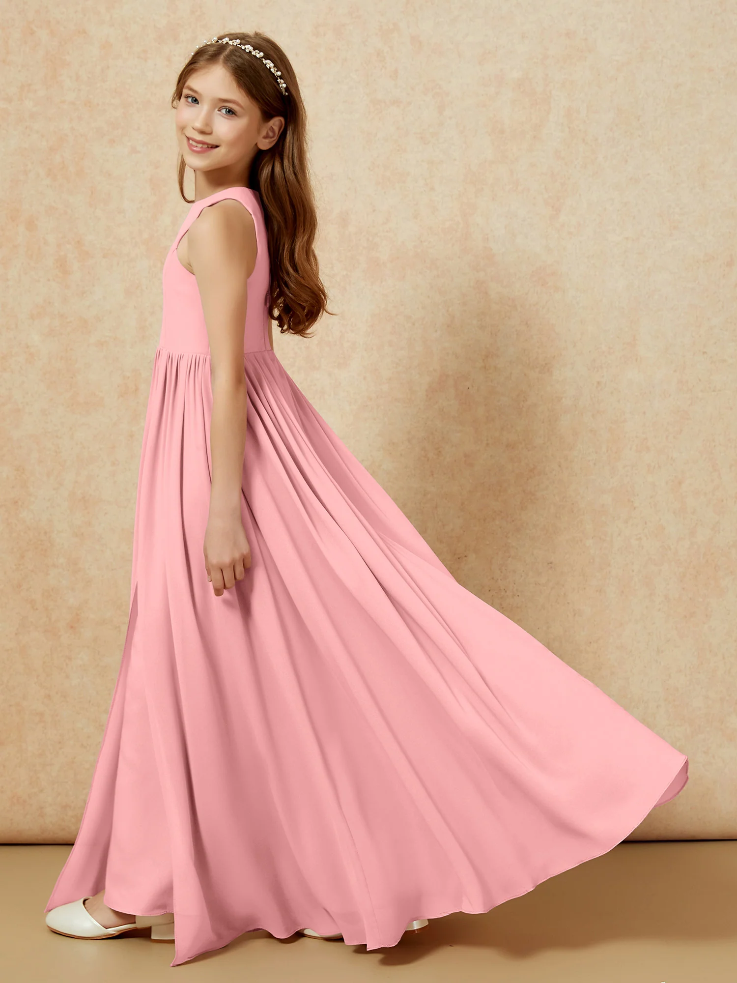 Simple sleeveless chiffon Junior Bridesmaid Dress Flamingo - Image 9