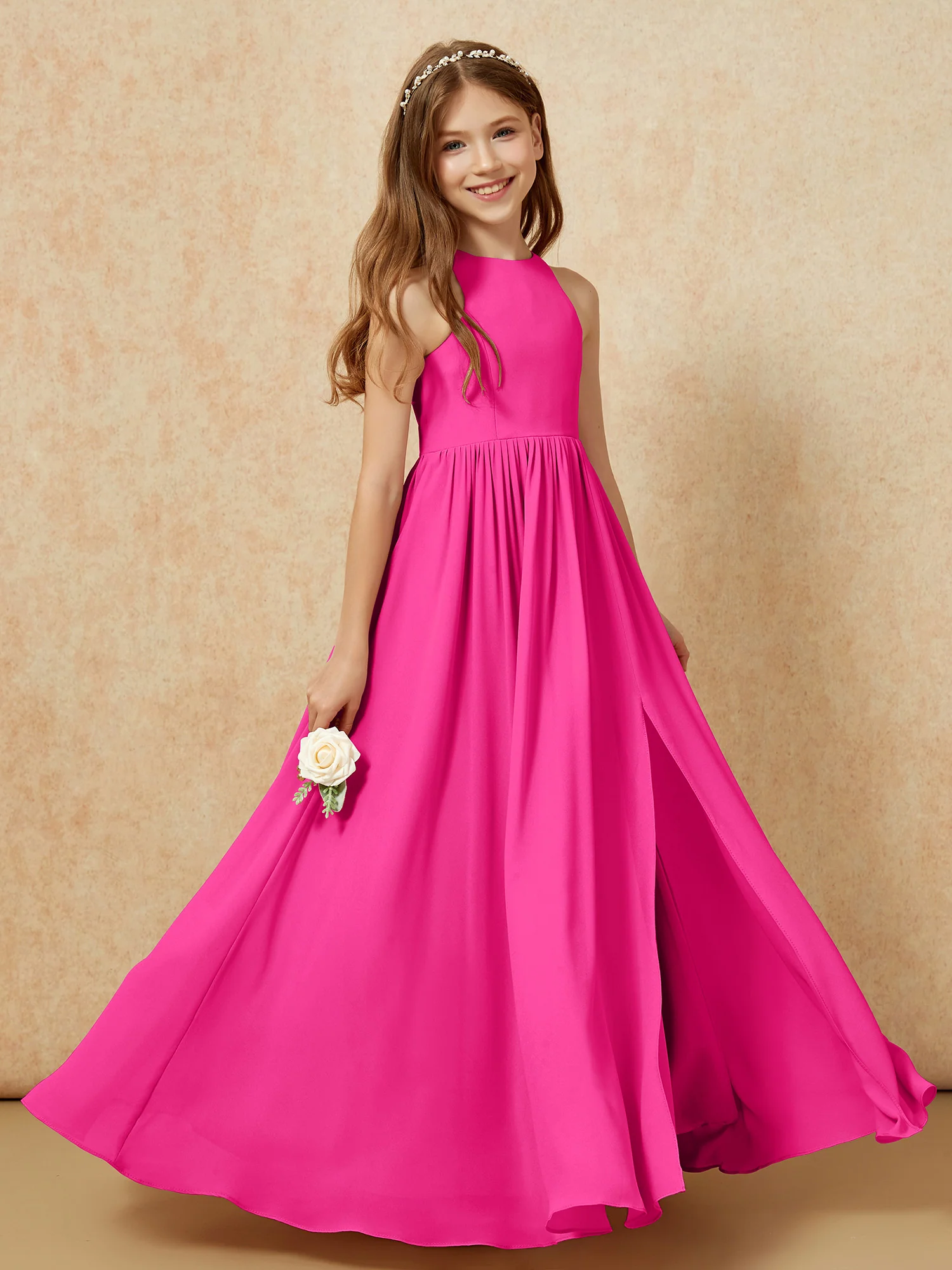Simple sleeveless chiffon Junior Bridesmaid Dress Fuchsia