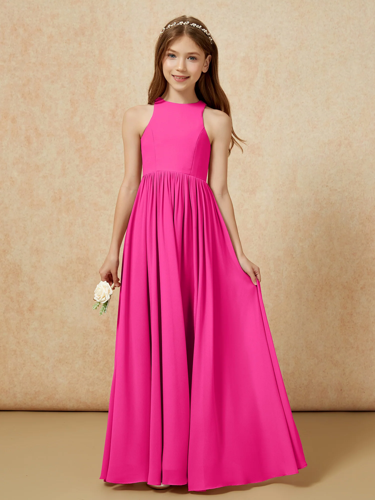 Simple sleeveless chiffon Junior Bridesmaid Dress Fuchsia - Image 4