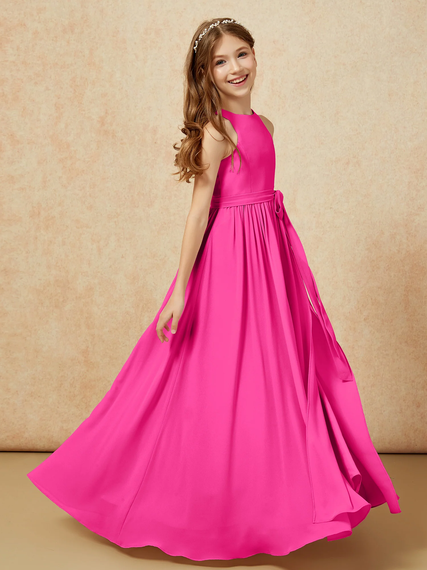 Simple sleeveless chiffon Junior Bridesmaid Dress Fuchsia - Image 5