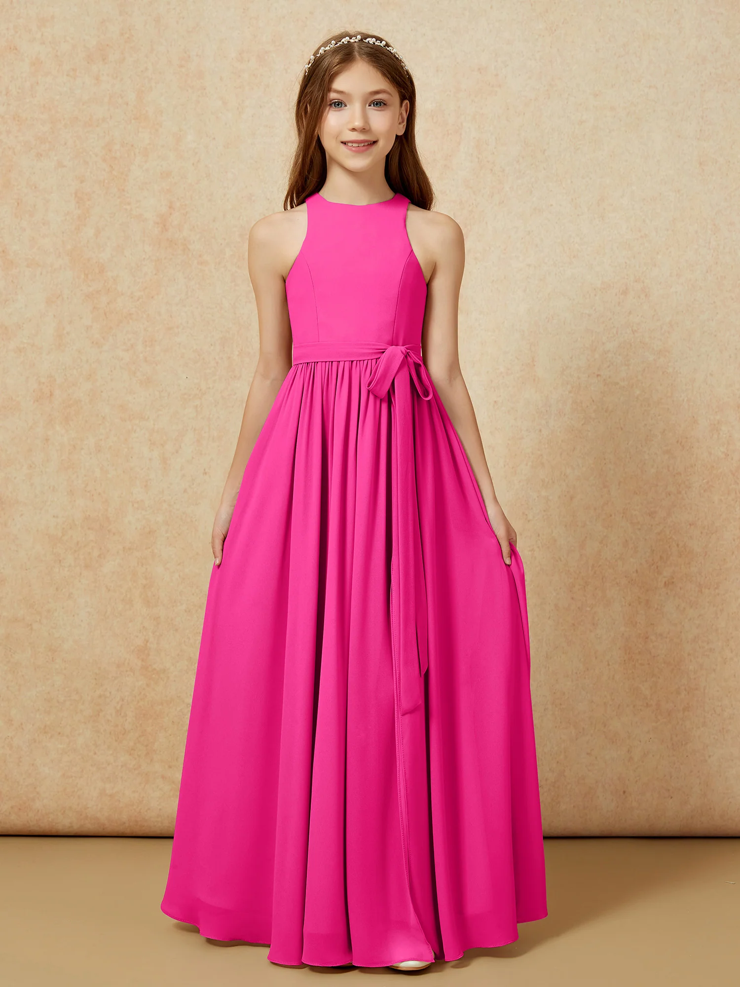 Simple sleeveless chiffon Junior Bridesmaid Dress Fuchsia - Image 8