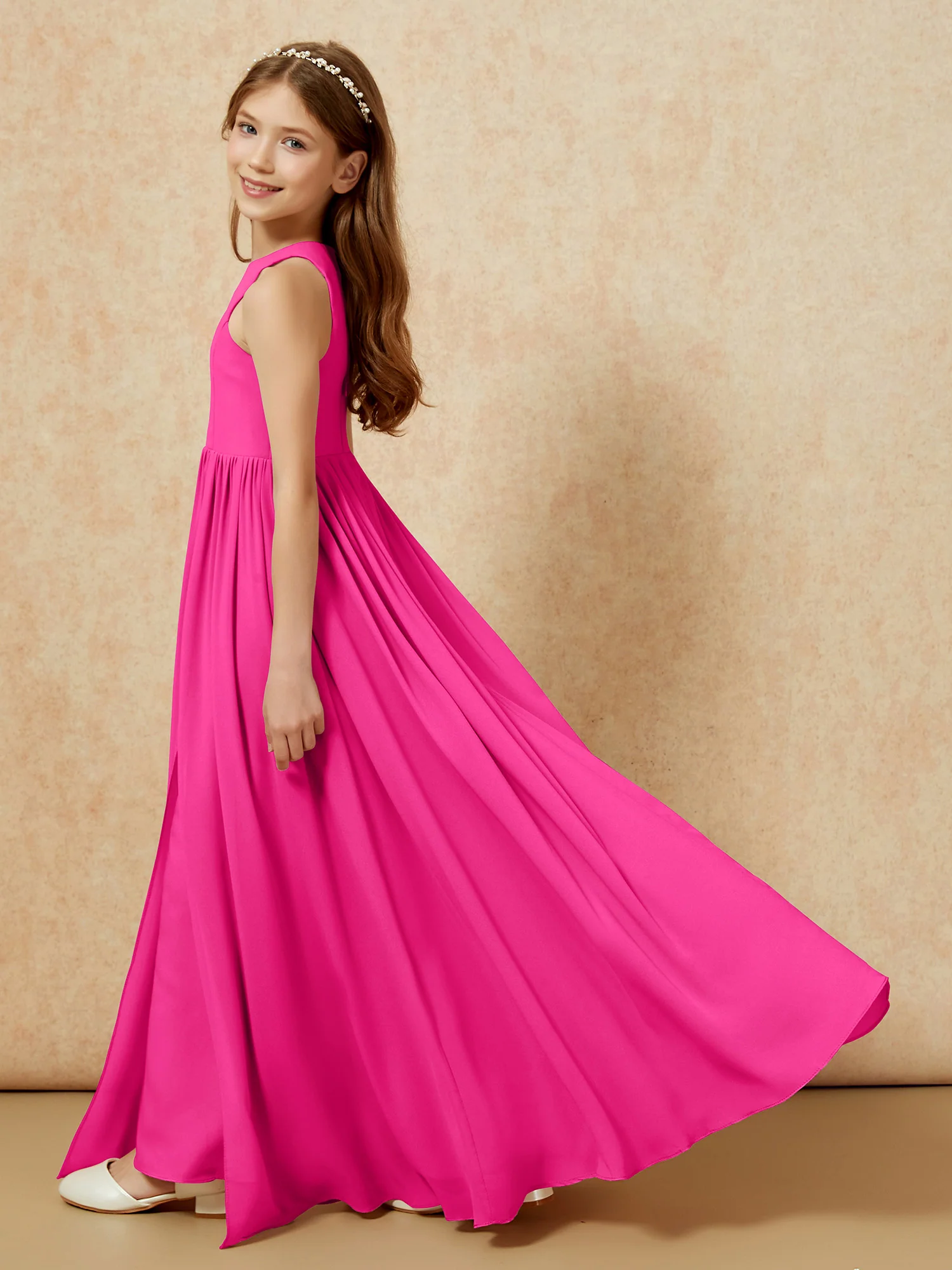 Simple sleeveless chiffon Junior Bridesmaid Dress Fuchsia - Image 9
