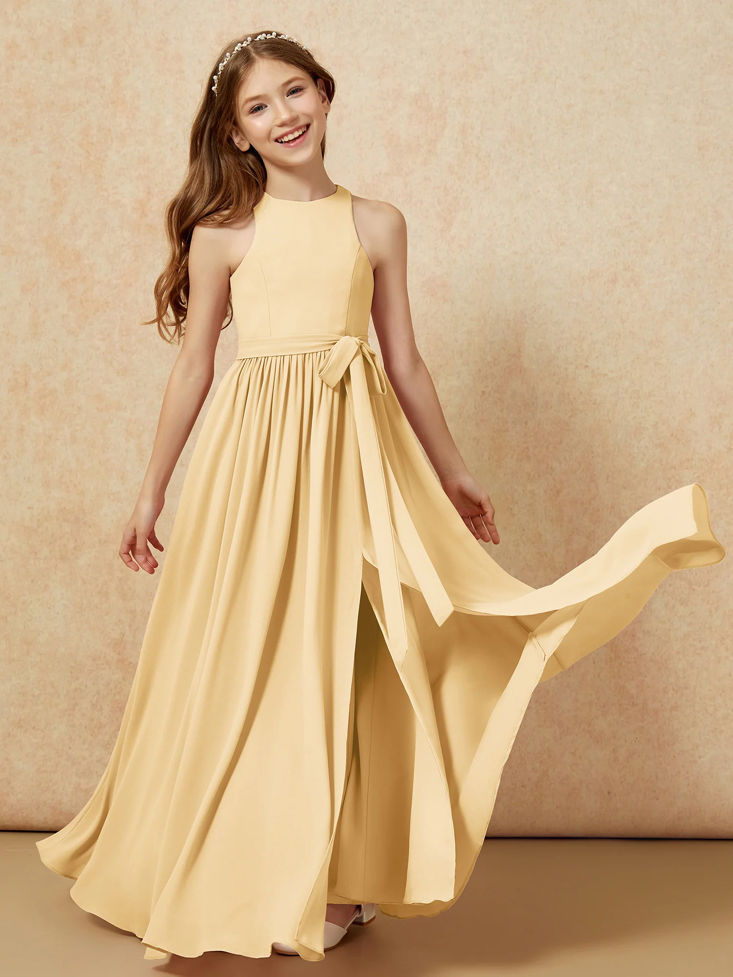 Simple sleeveless chiffon Junior Bridesmaid Dress Gold - Image 10