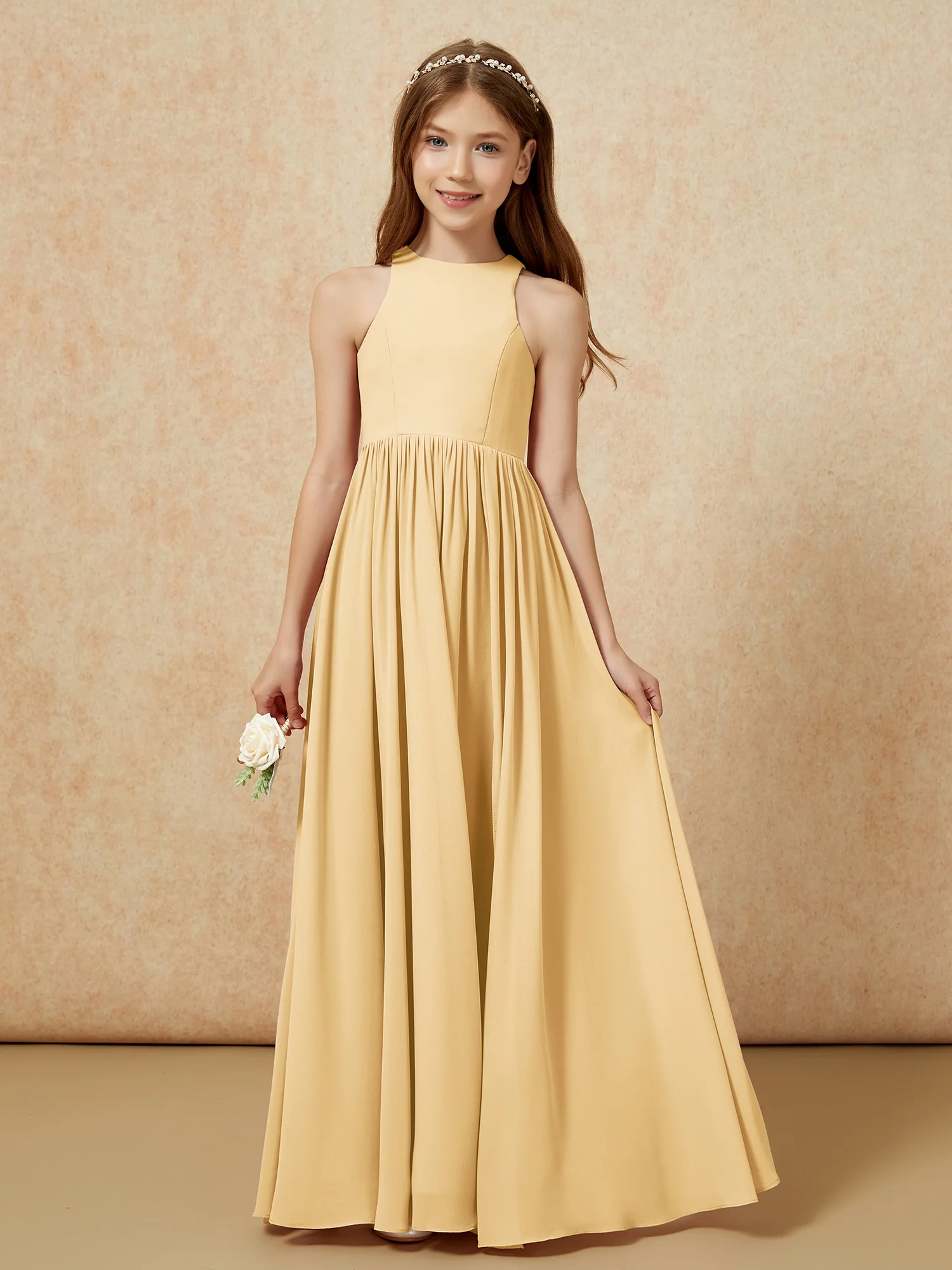 Simple sleeveless chiffon Junior Bridesmaid Dress Gold - Image 4
