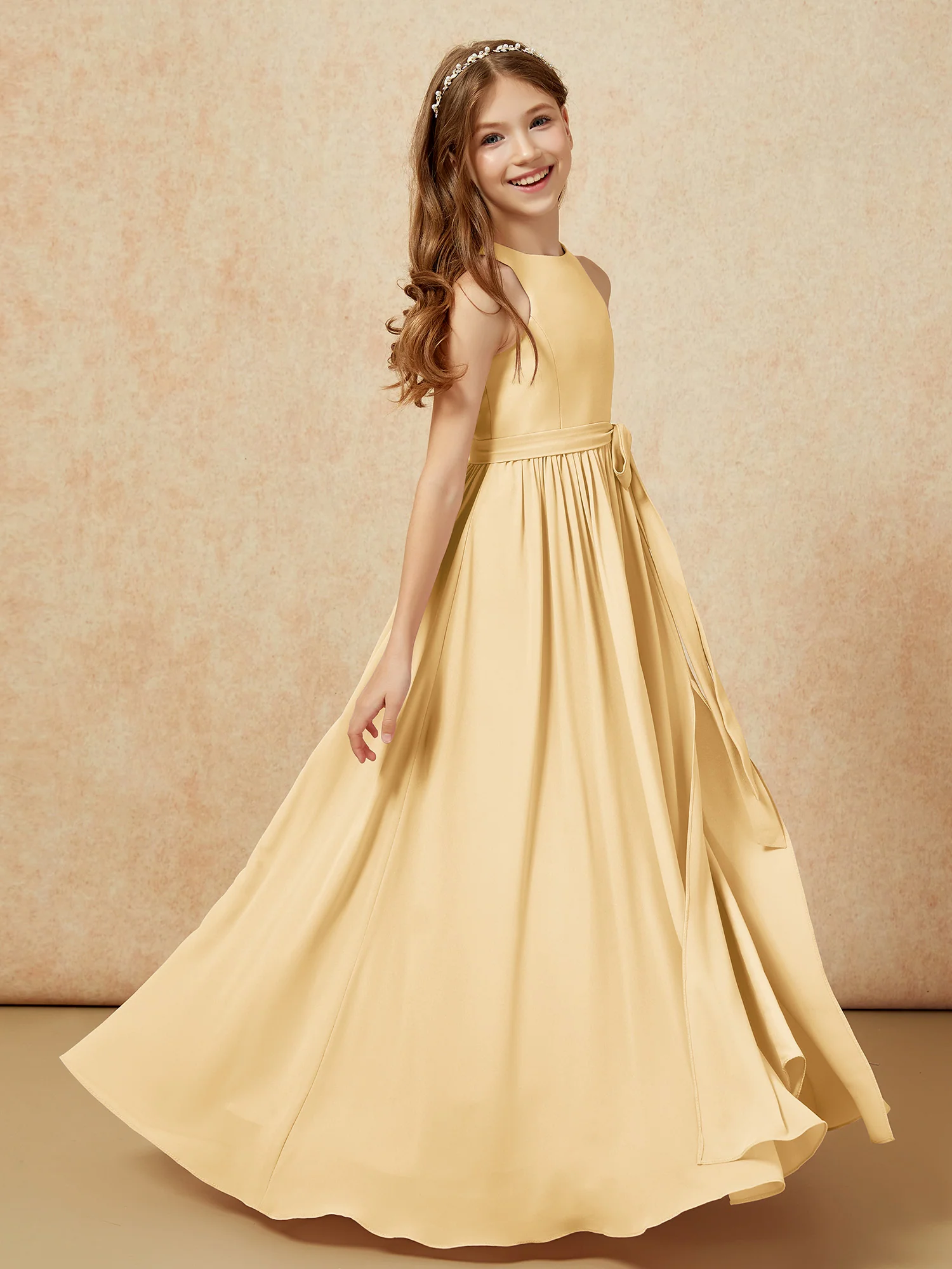 Simple sleeveless chiffon Junior Bridesmaid Dress Gold - Image 5