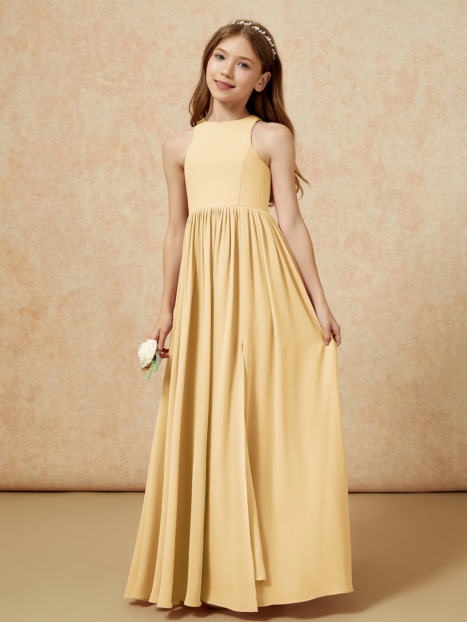 Simple sleeveless chiffon Junior Bridesmaid Dress Gold - Image 6