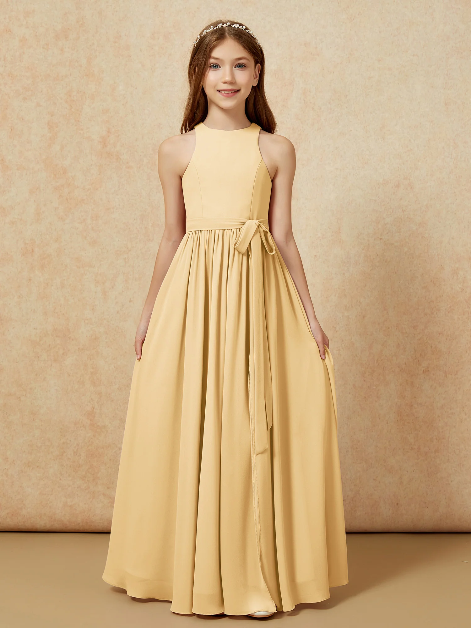 Simple sleeveless chiffon Junior Bridesmaid Dress Gold - Image 8