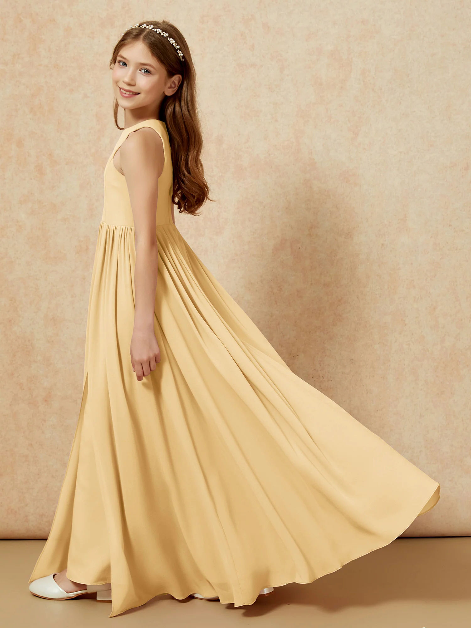 Simple sleeveless chiffon Junior Bridesmaid Dress Gold - Image 9