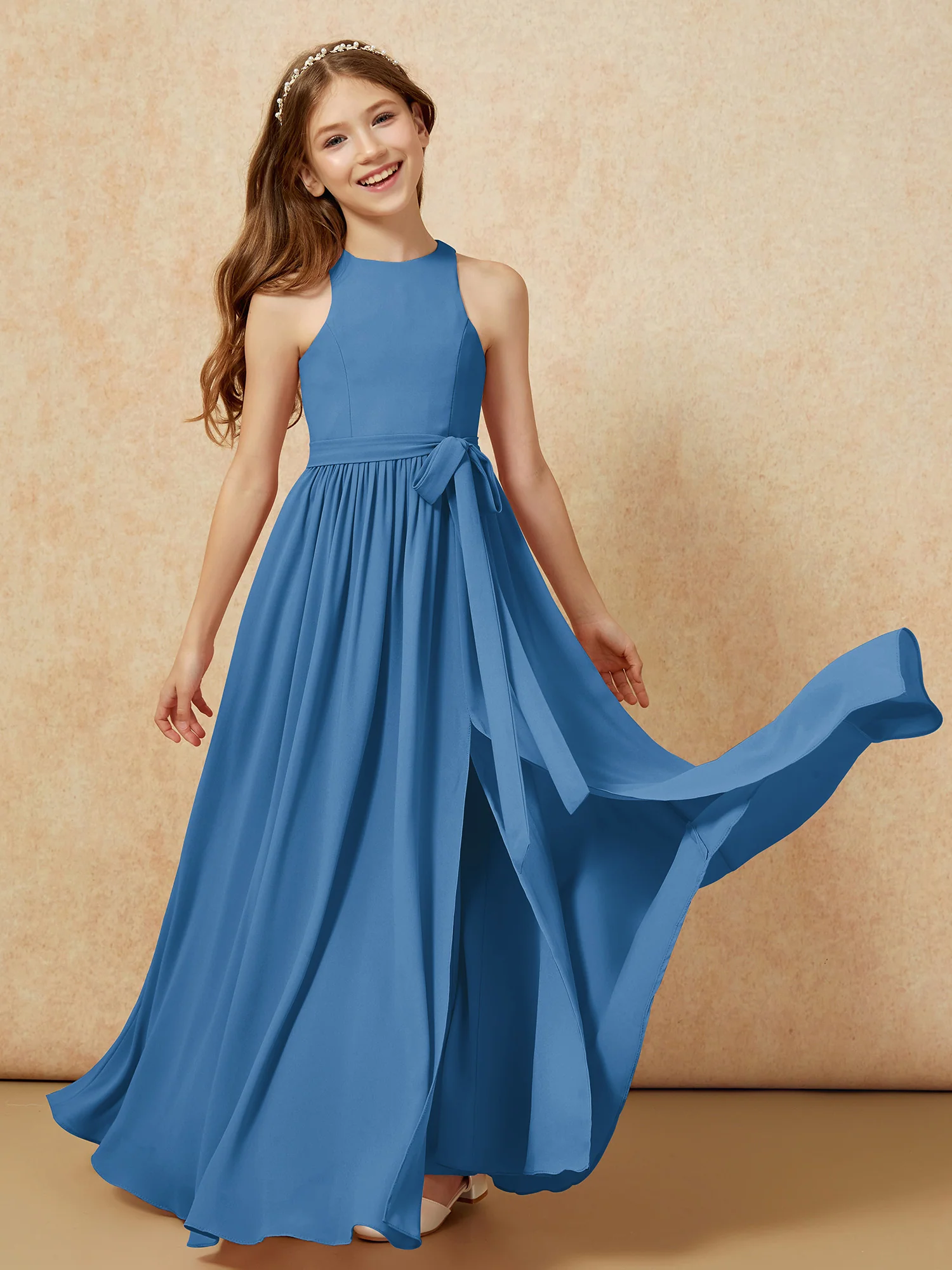 Simple sleeveless chiffon Junior Bridesmaid Dress Ink Blue - Image 10