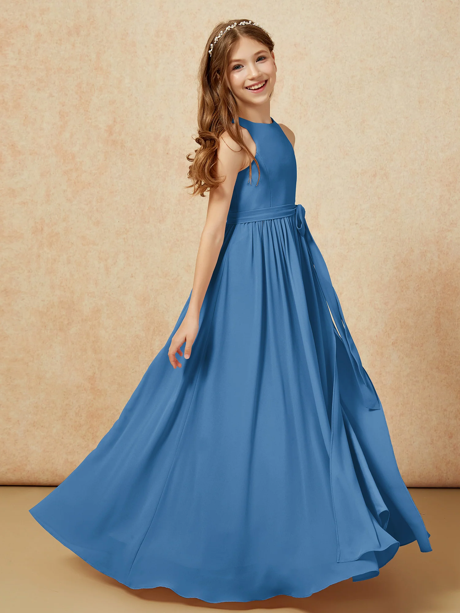 Simple sleeveless chiffon Junior Bridesmaid Dress Ink Blue - Image 5