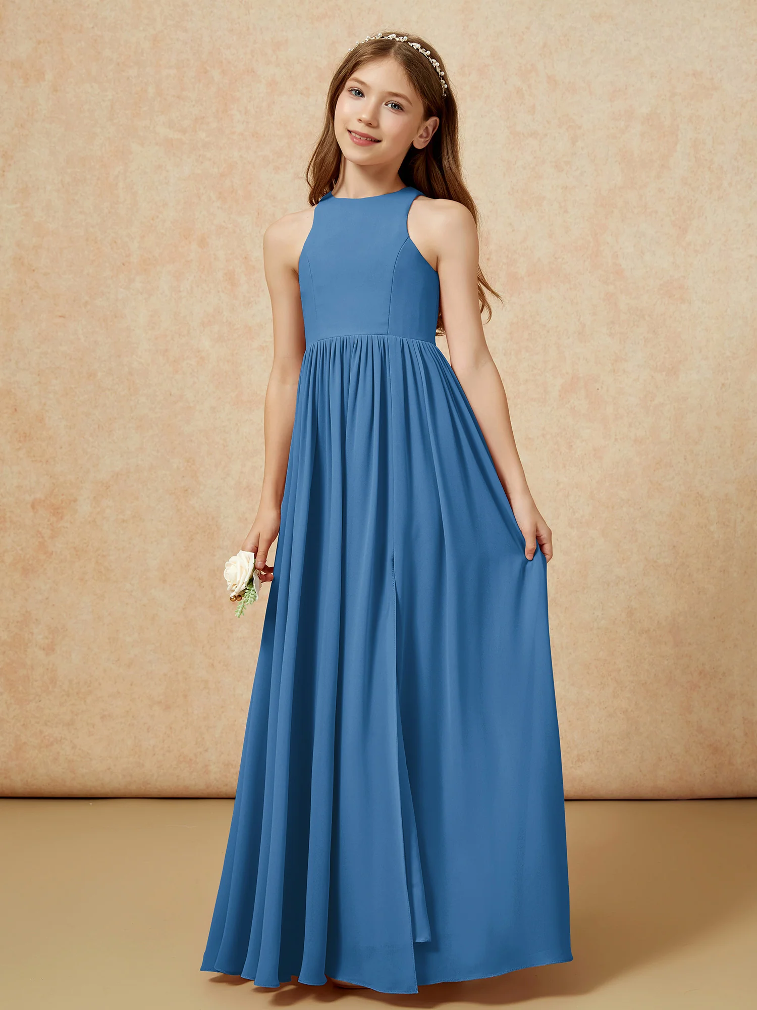 Simple sleeveless chiffon Junior Bridesmaid Dress Ink Blue - Image 6