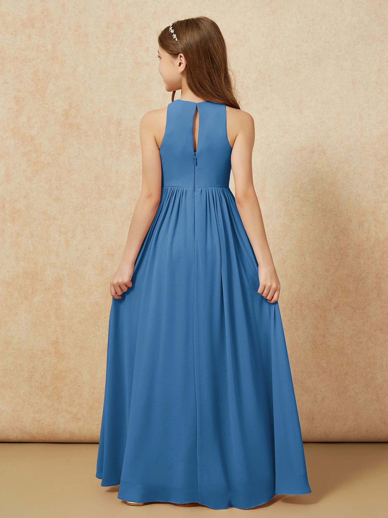 Simple sleeveless chiffon Junior Bridesmaid Dress Ink Blue - Image 7