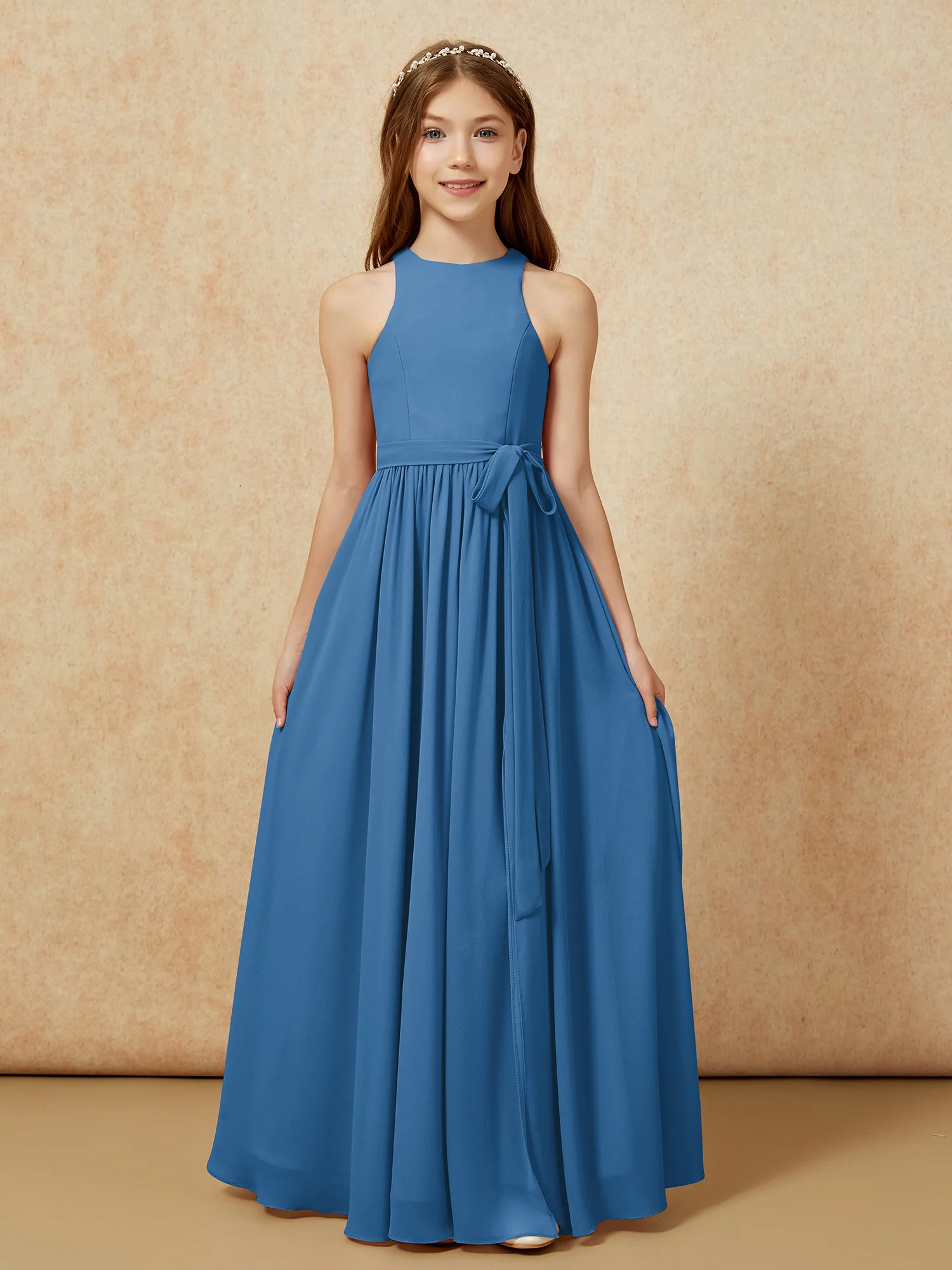 Simple sleeveless chiffon Junior Bridesmaid Dress Ink Blue - Image 8