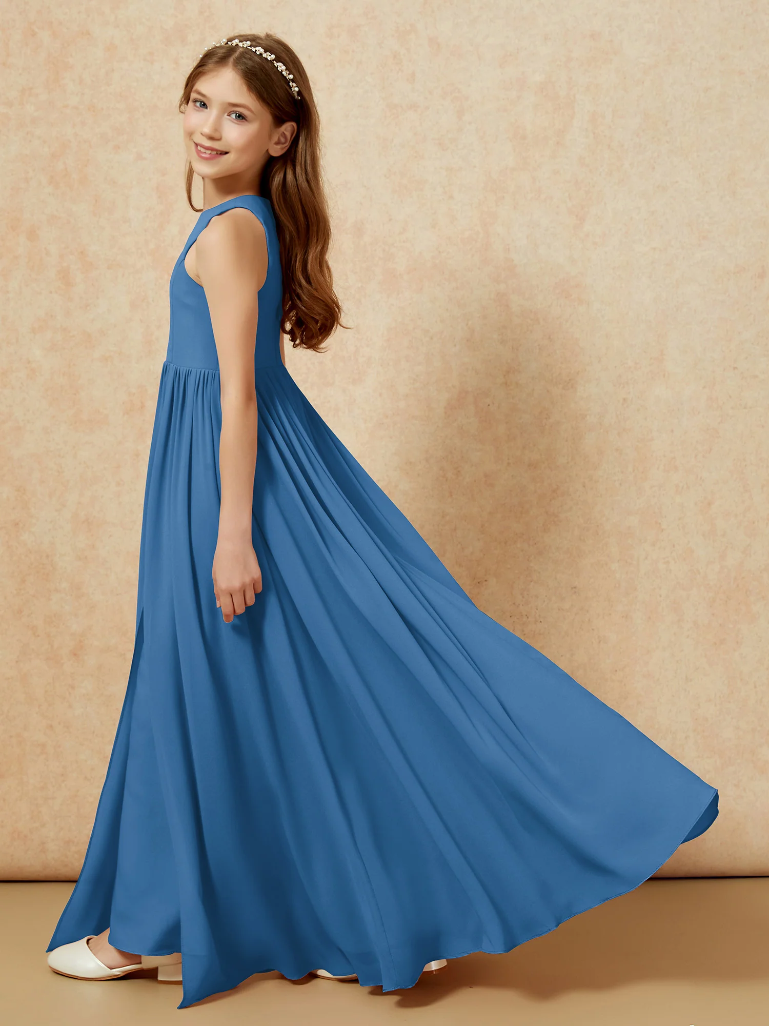 Simple sleeveless chiffon Junior Bridesmaid Dress Ink Blue - Image 9