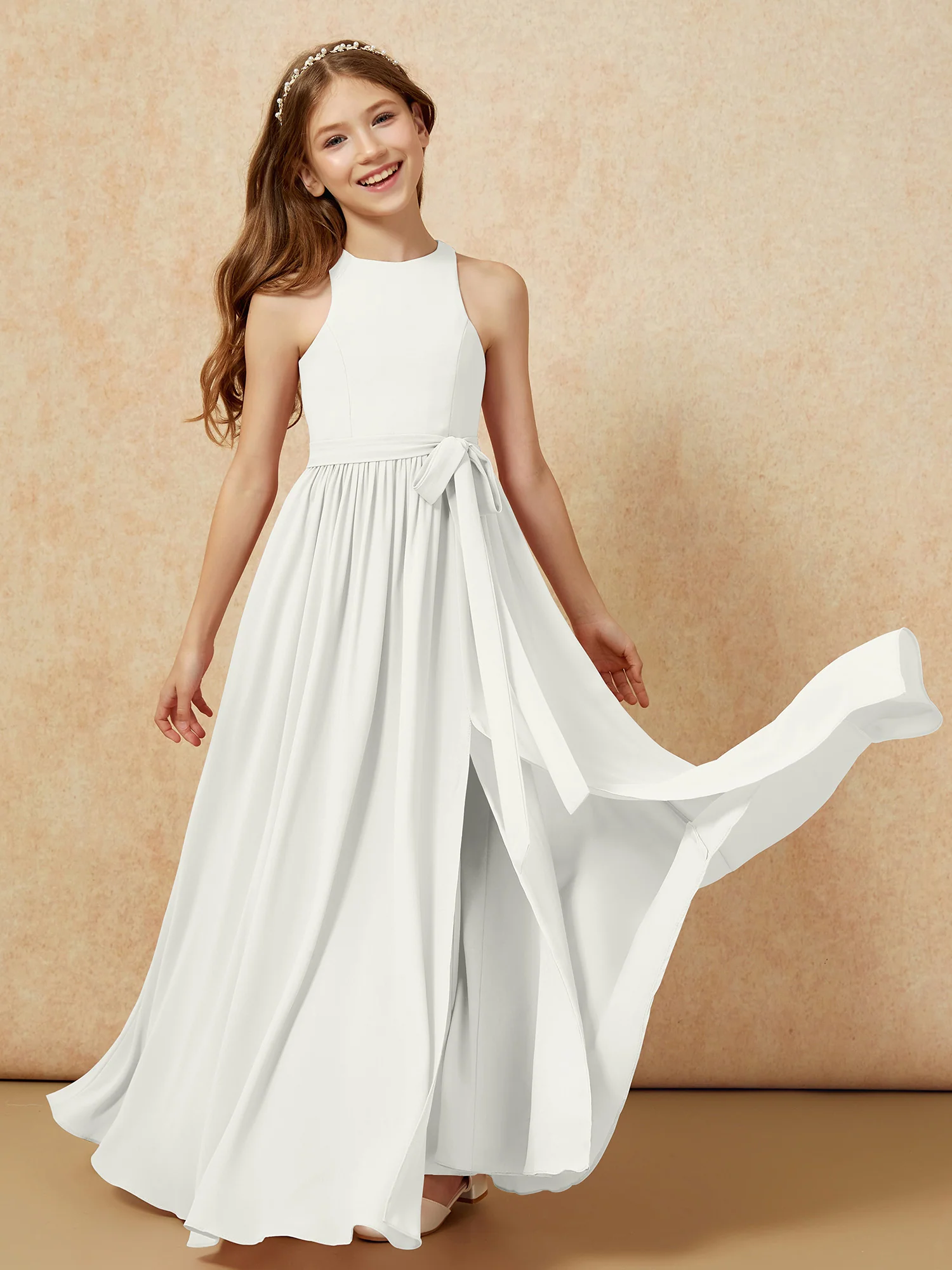 Simple sleeveless chiffon Junior Bridesmaid Dress Ivory - Image 10