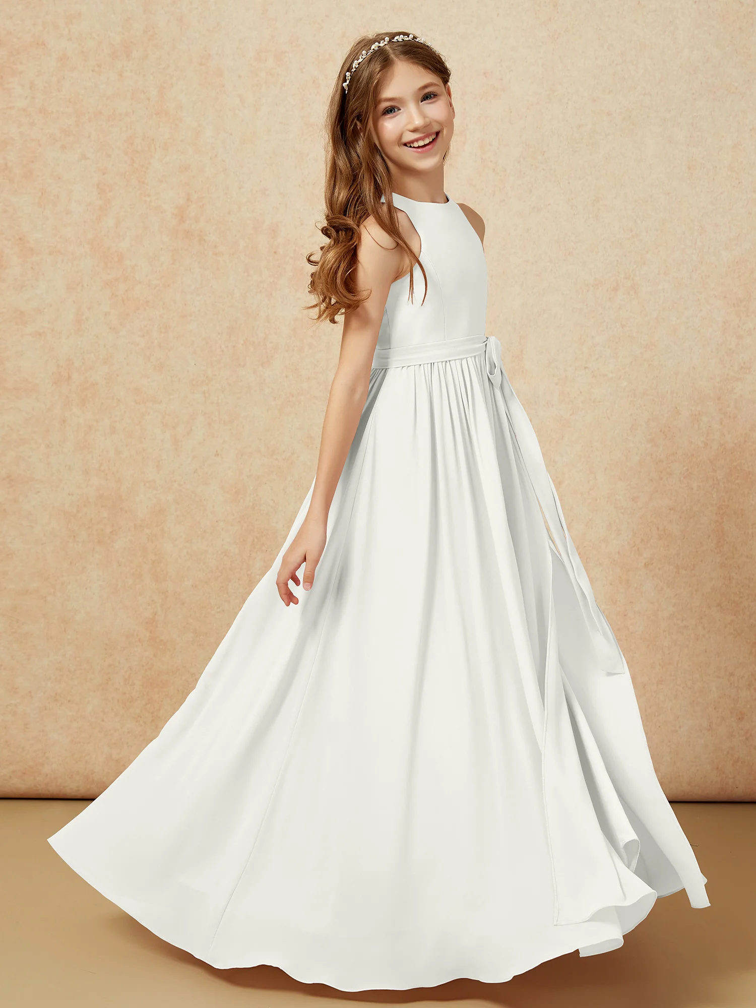 Simple sleeveless chiffon Junior Bridesmaid Dress Ivory - Image 5
