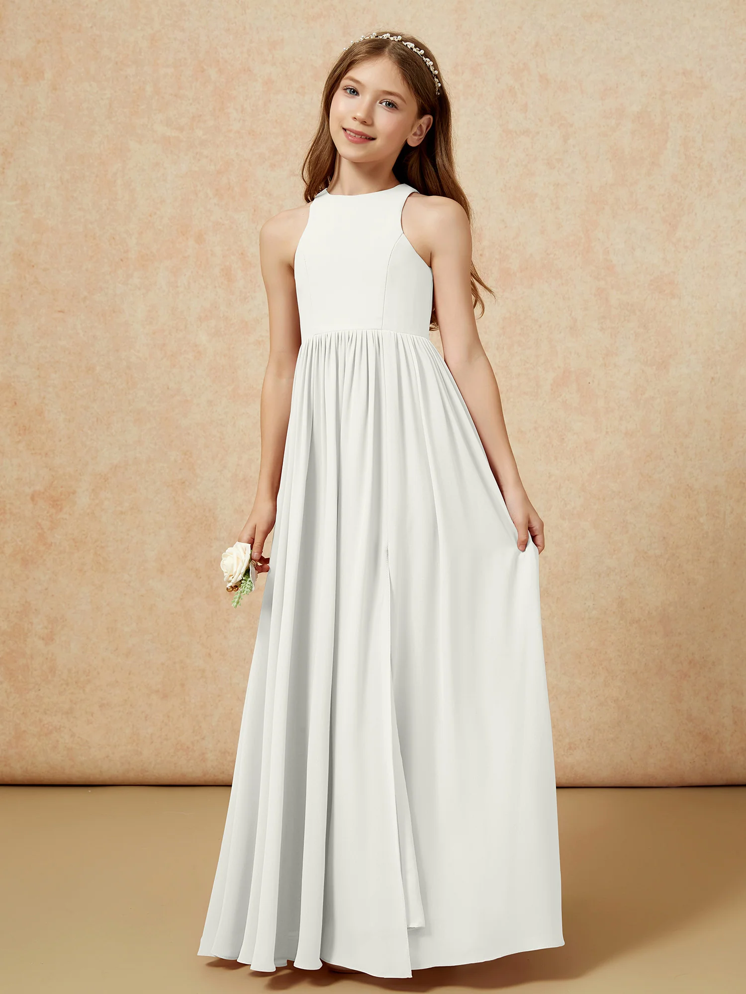 Simple sleeveless chiffon Junior Bridesmaid Dress Ivory - Image 6