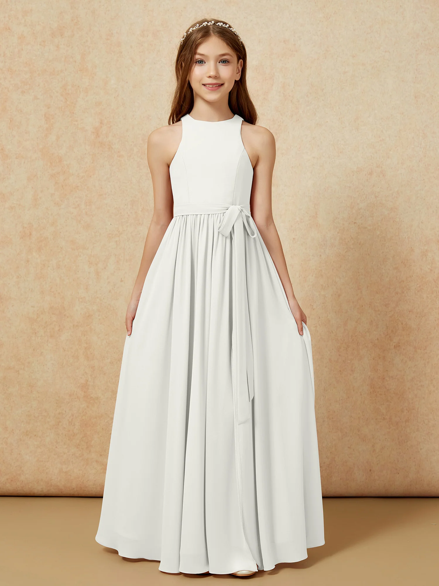 Simple sleeveless chiffon Junior Bridesmaid Dress Ivory - Image 8