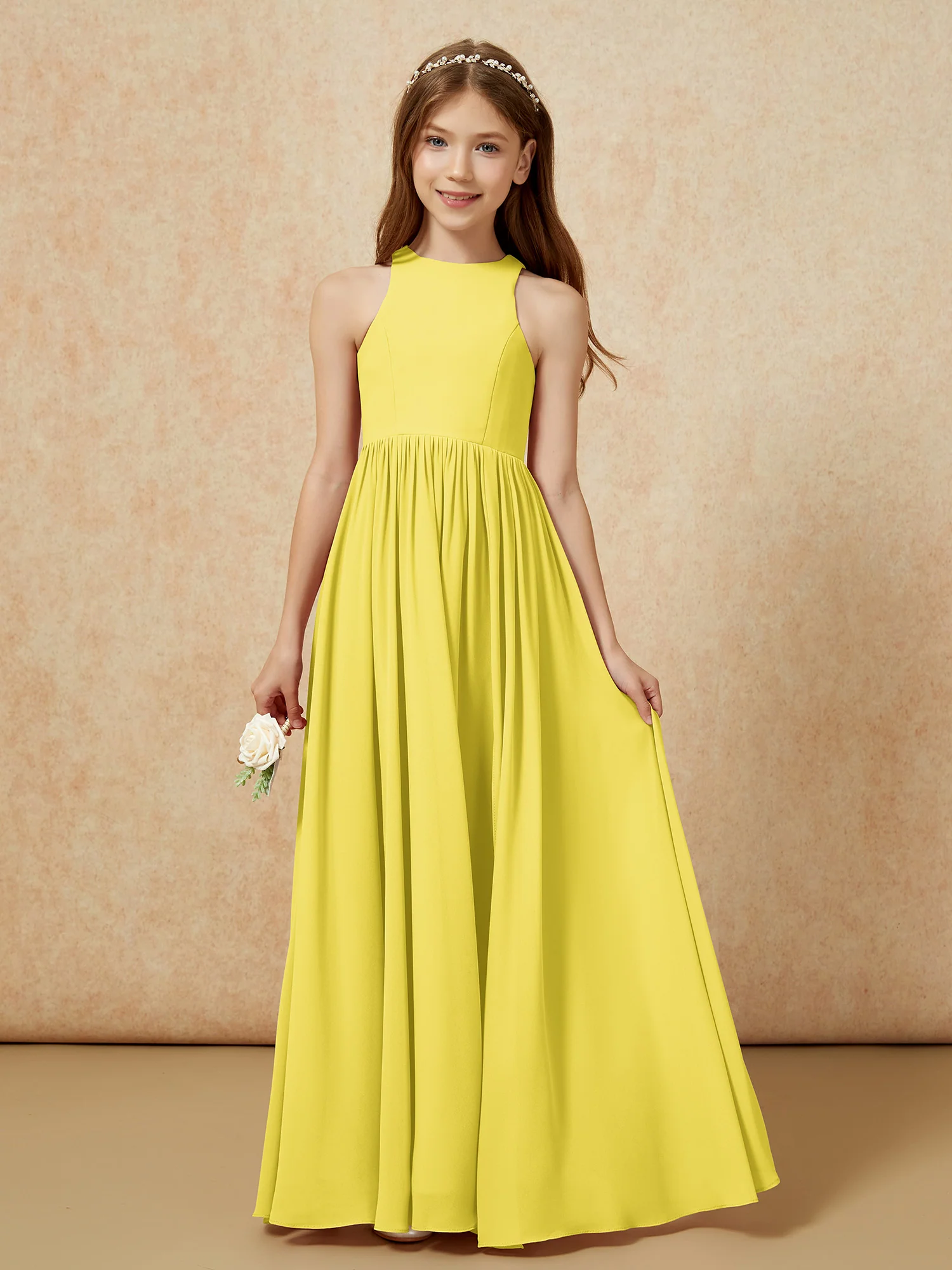 Simple sleeveless chiffon Junior Bridesmaid Dress Lemon - Image 4
