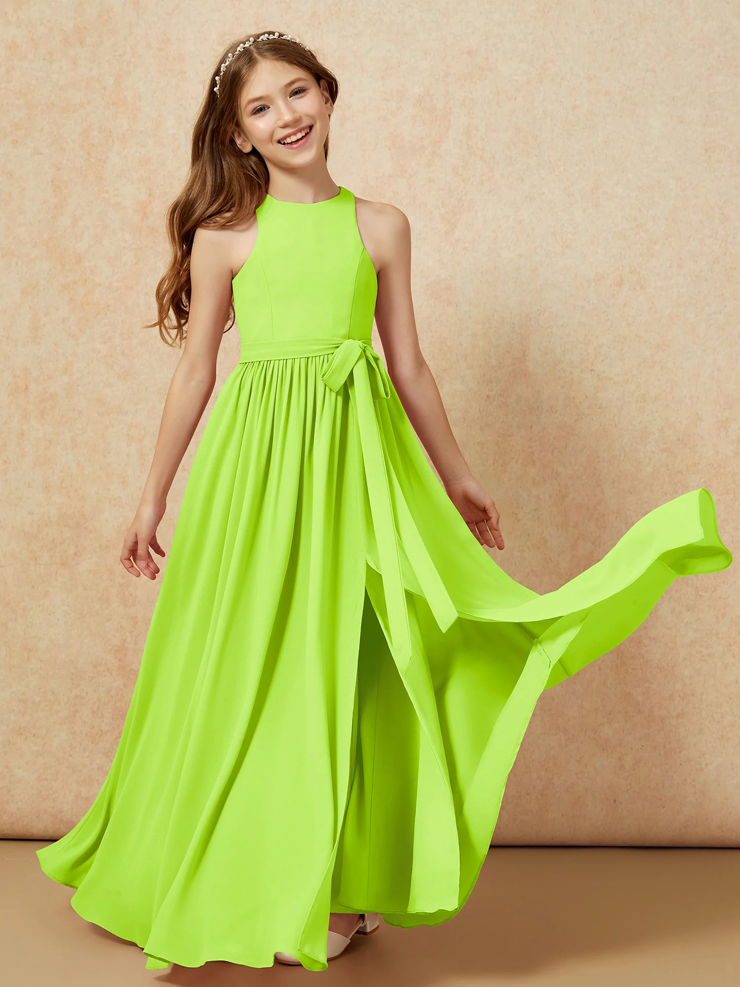 Simple sleeveless chiffon Junior Bridesmaid Dress Lime Green - Image 10