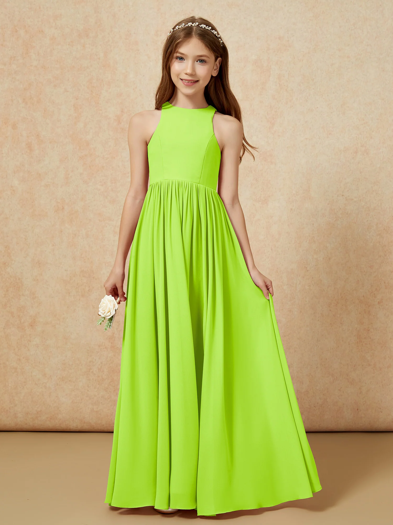 Simple sleeveless chiffon Junior Bridesmaid Dress Lime Green - Image 4