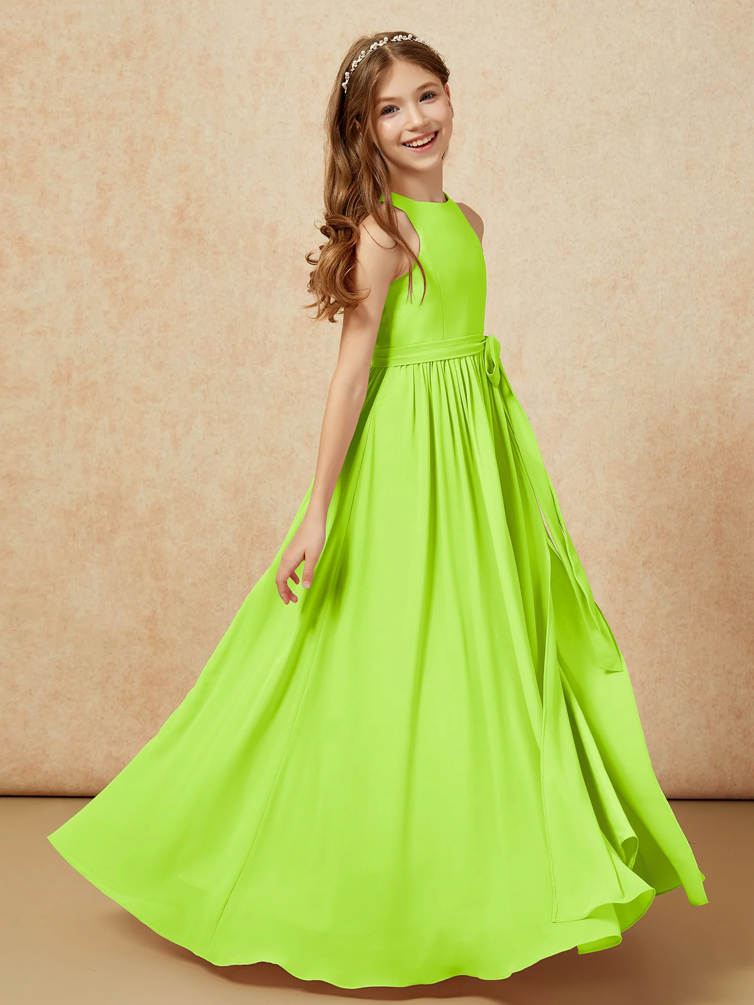 Simple sleeveless chiffon Junior Bridesmaid Dress Lime Green - Image 5