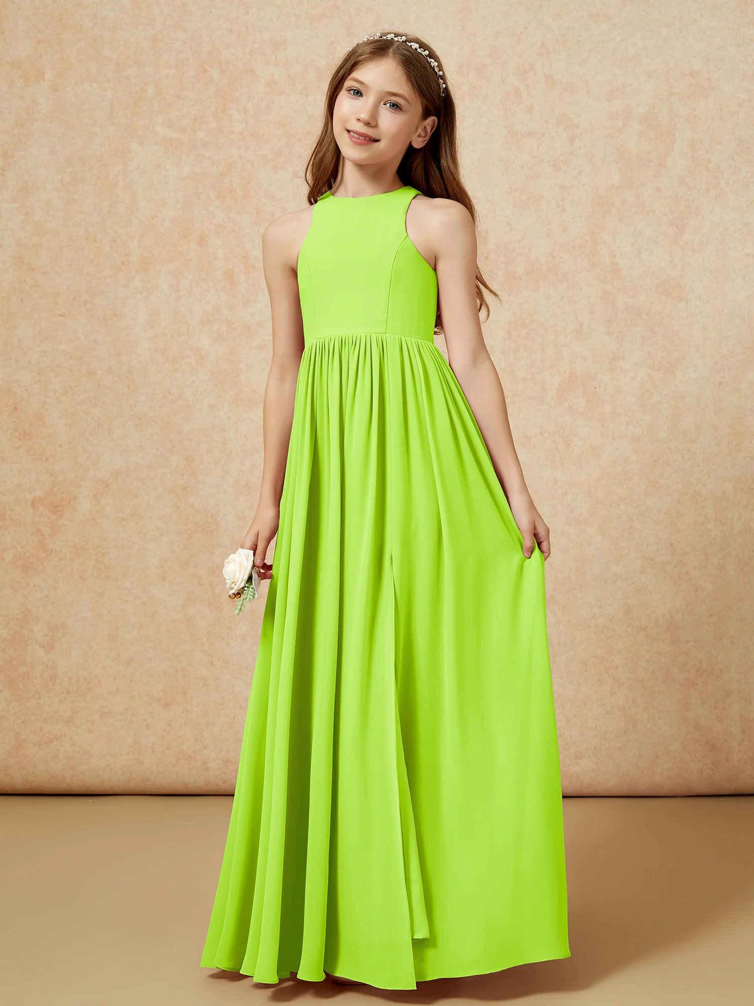 Simple sleeveless chiffon Junior Bridesmaid Dress Lime Green - Image 6