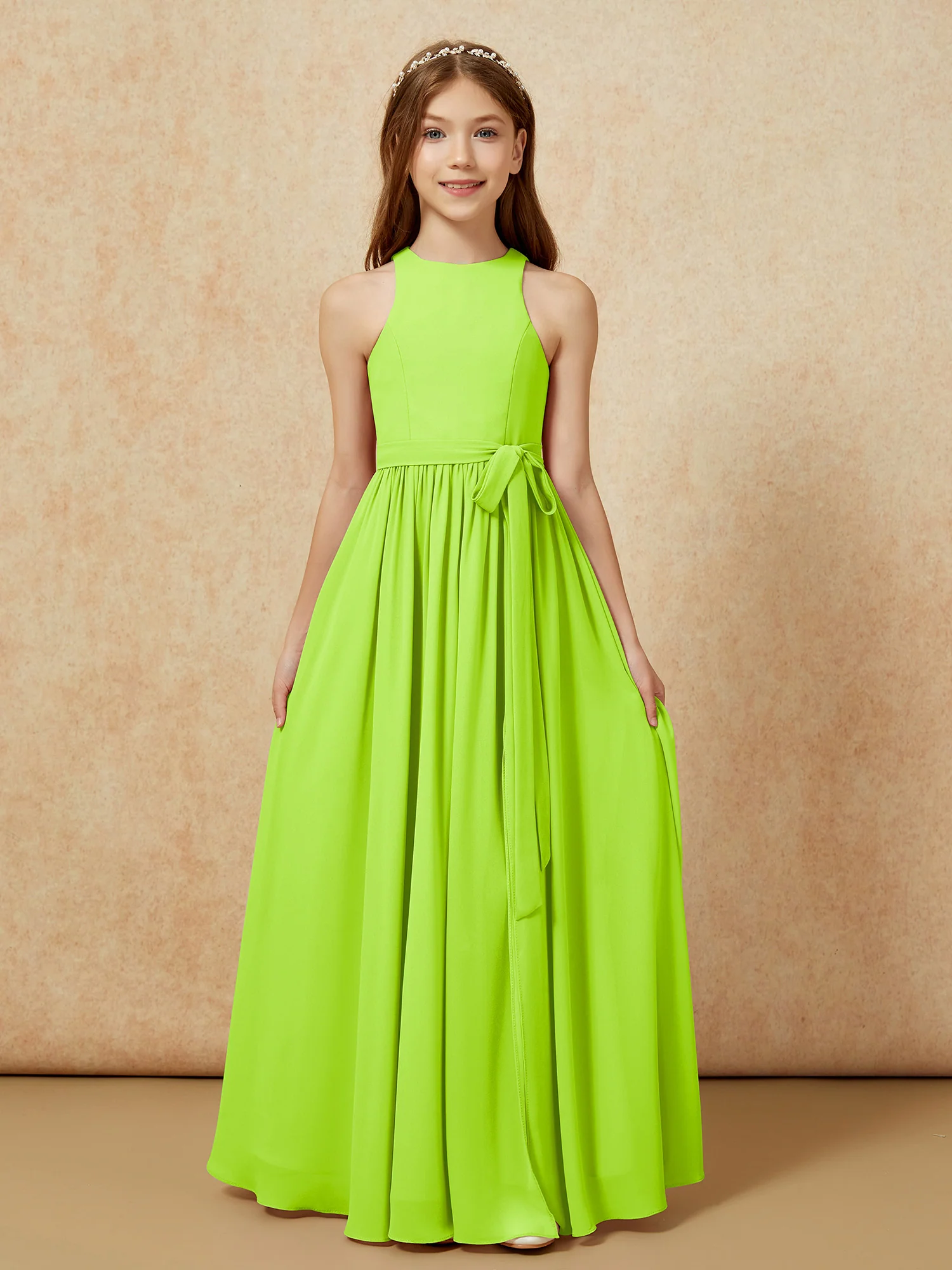 Simple sleeveless chiffon Junior Bridesmaid Dress Lime Green - Image 8