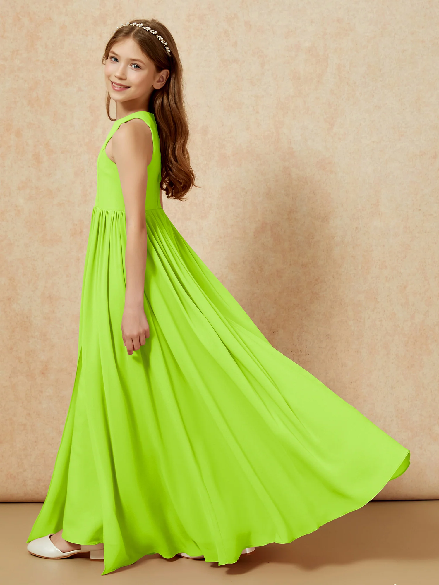 Simple sleeveless chiffon Junior Bridesmaid Dress Lime Green - Image 9