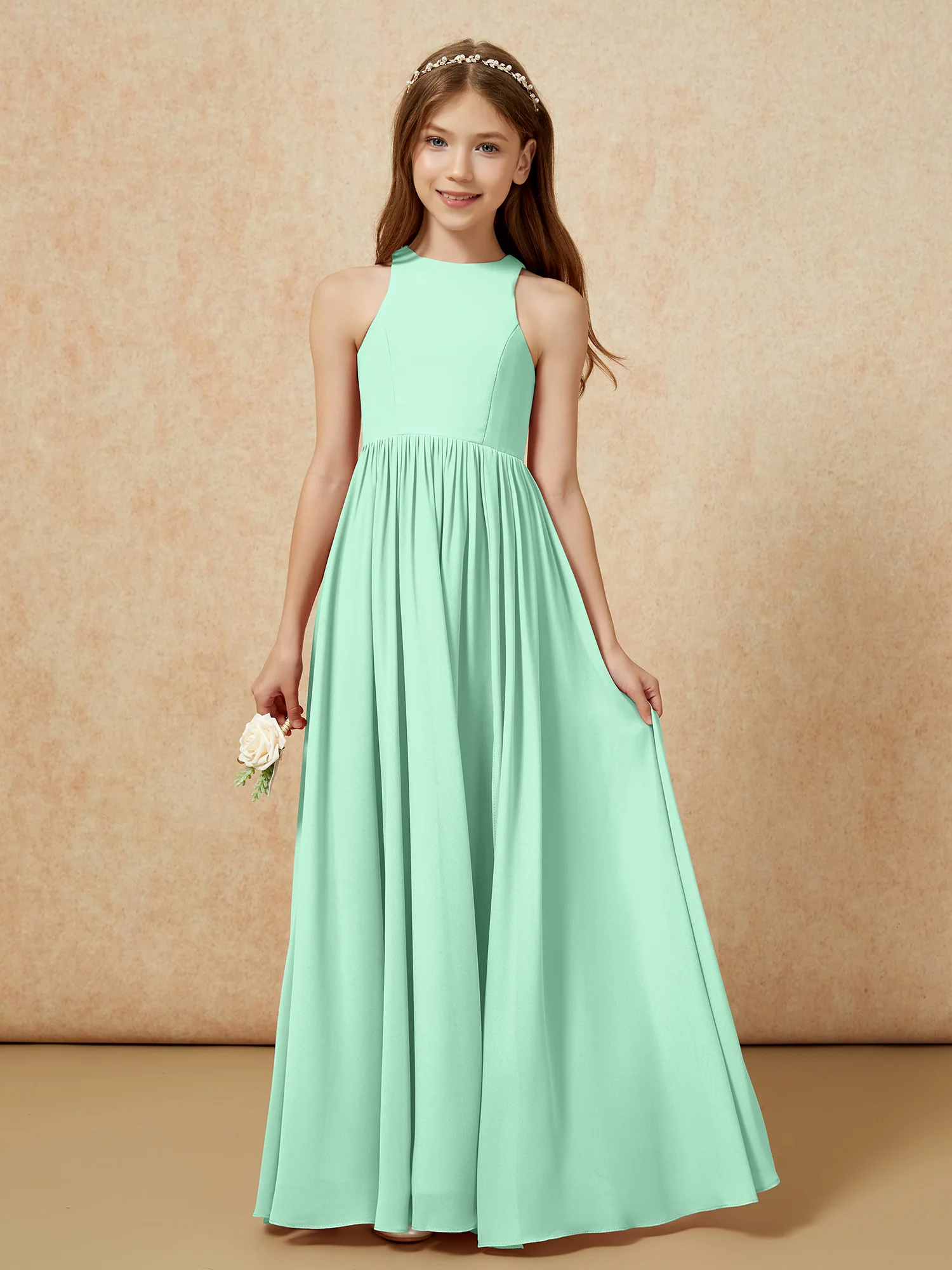 Simple sleeveless chiffon Junior Bridesmaid Dress Mint Green - Image 4