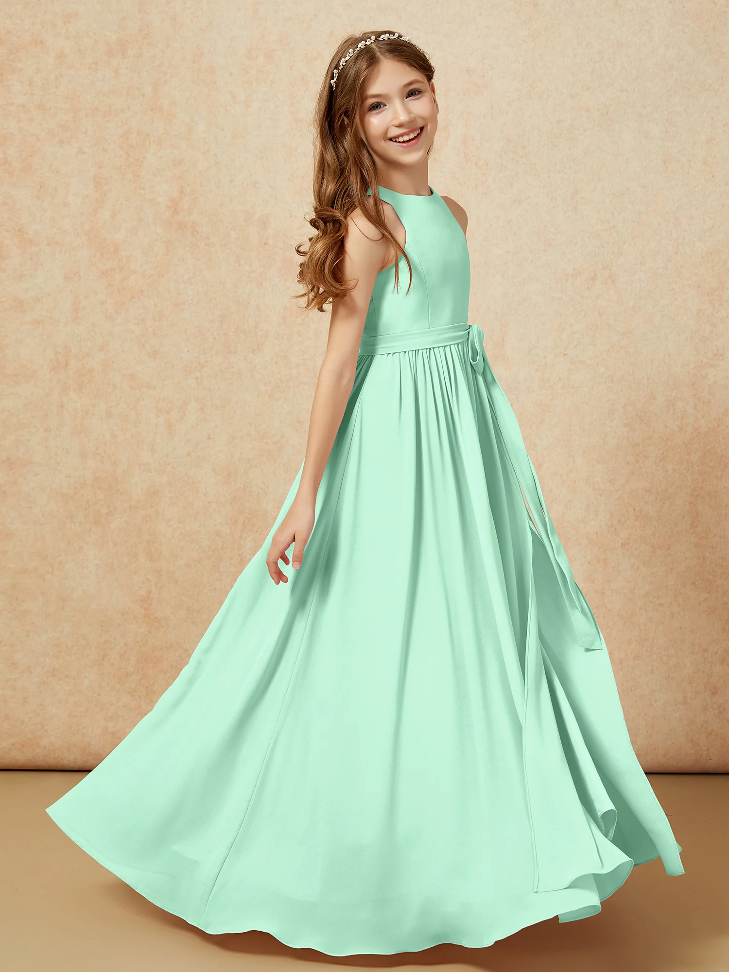 Simple sleeveless chiffon Junior Bridesmaid Dress Mint Green - Image 5