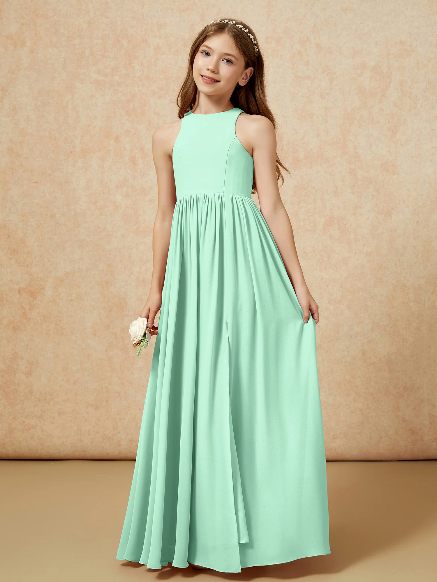 Simple sleeveless chiffon Junior Bridesmaid Dress Mint Green - Image 6