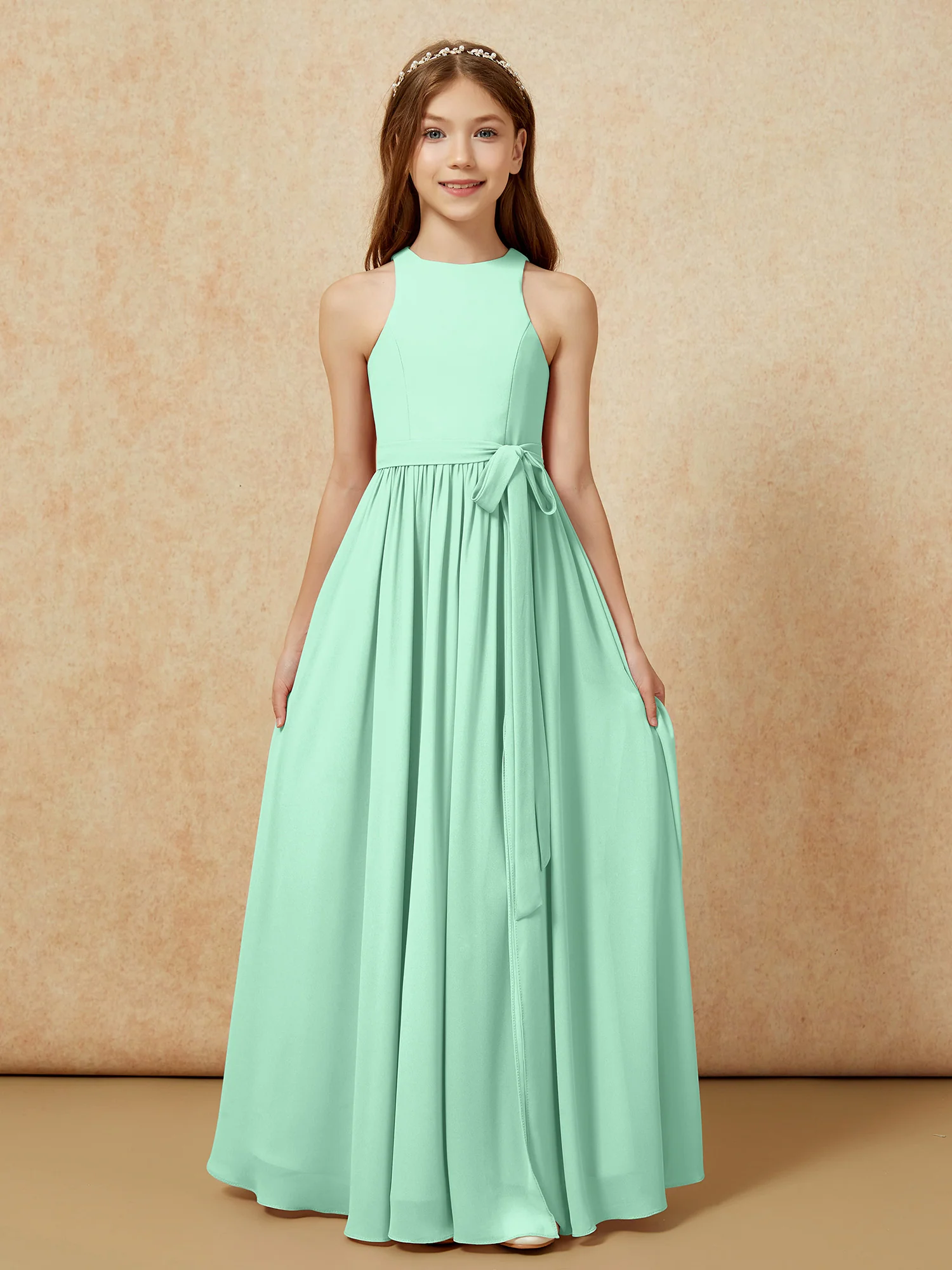 Simple sleeveless chiffon Junior Bridesmaid Dress Mint Green - Image 8