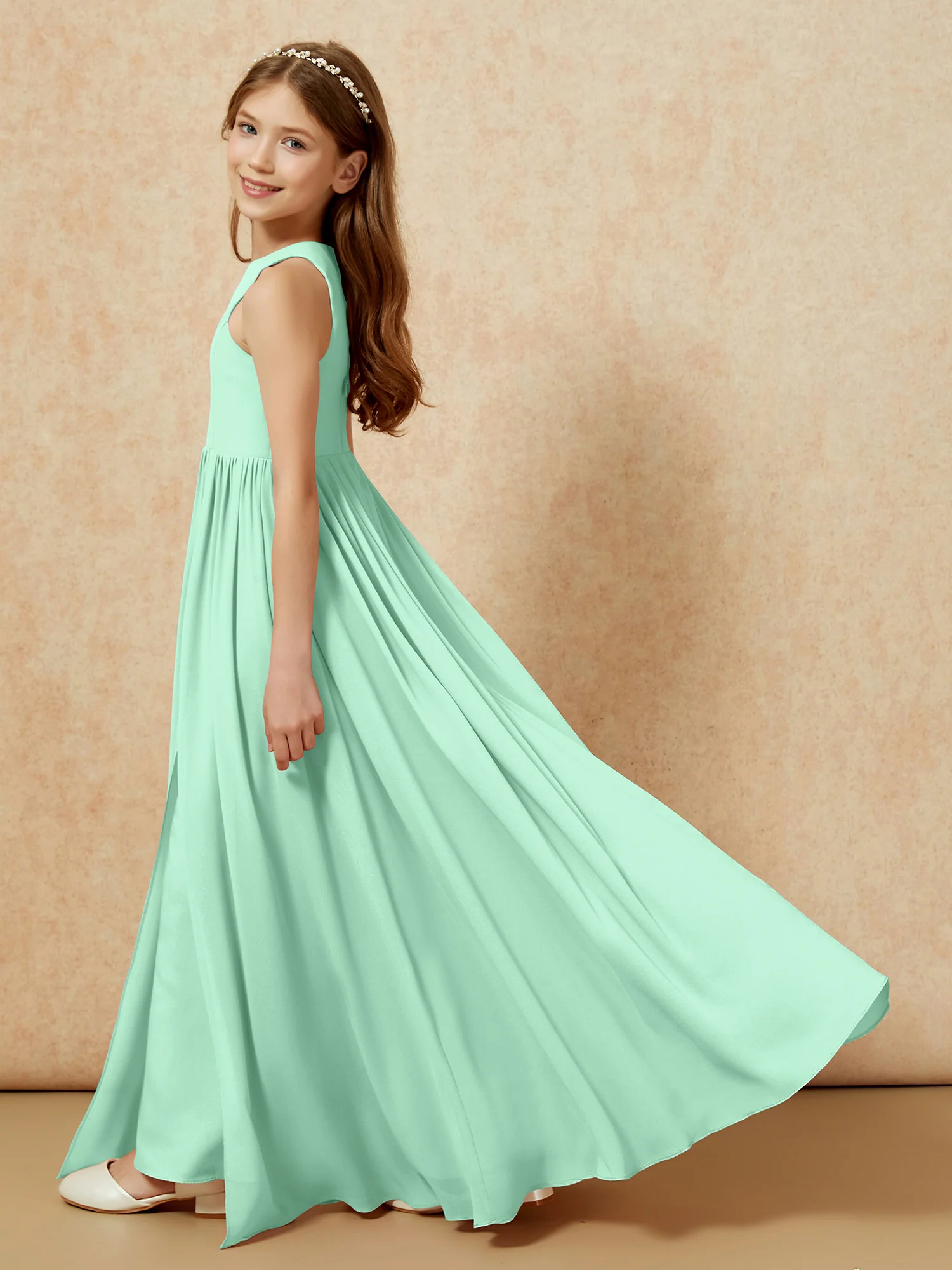 Simple sleeveless chiffon Junior Bridesmaid Dress Mint Green - Image 9