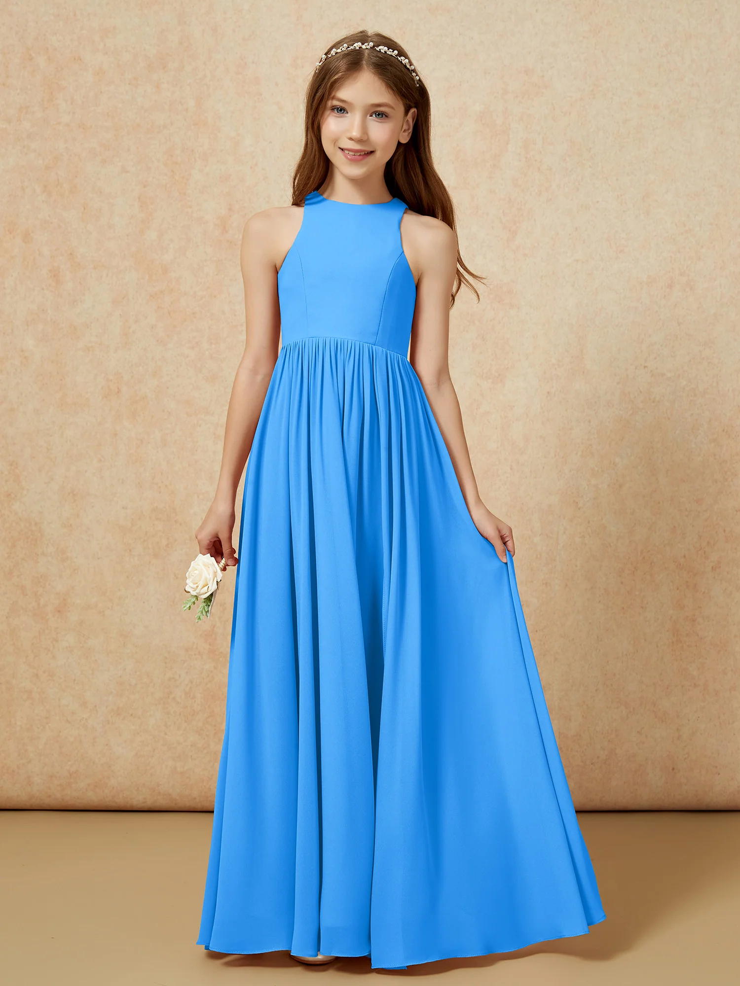 Simple sleeveless chiffon Junior Bridesmaid Dress Ocean Blue - Image 4