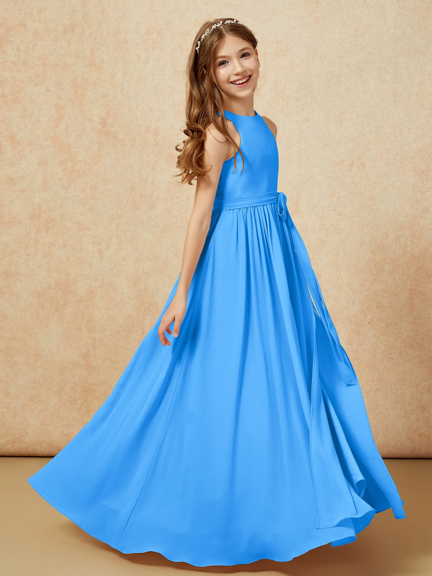 Simple sleeveless chiffon Junior Bridesmaid Dress Ocean Blue - Image 5