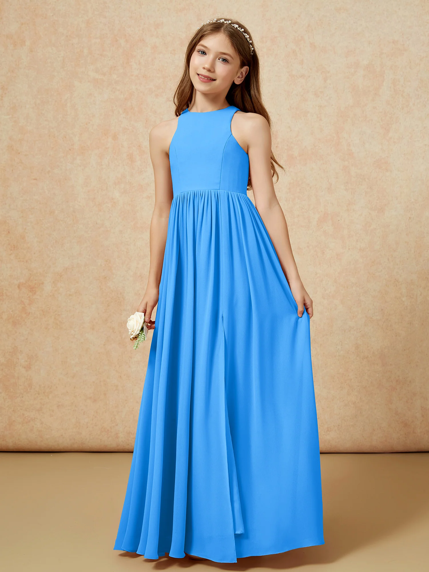 Simple sleeveless chiffon Junior Bridesmaid Dress Ocean Blue - Image 6