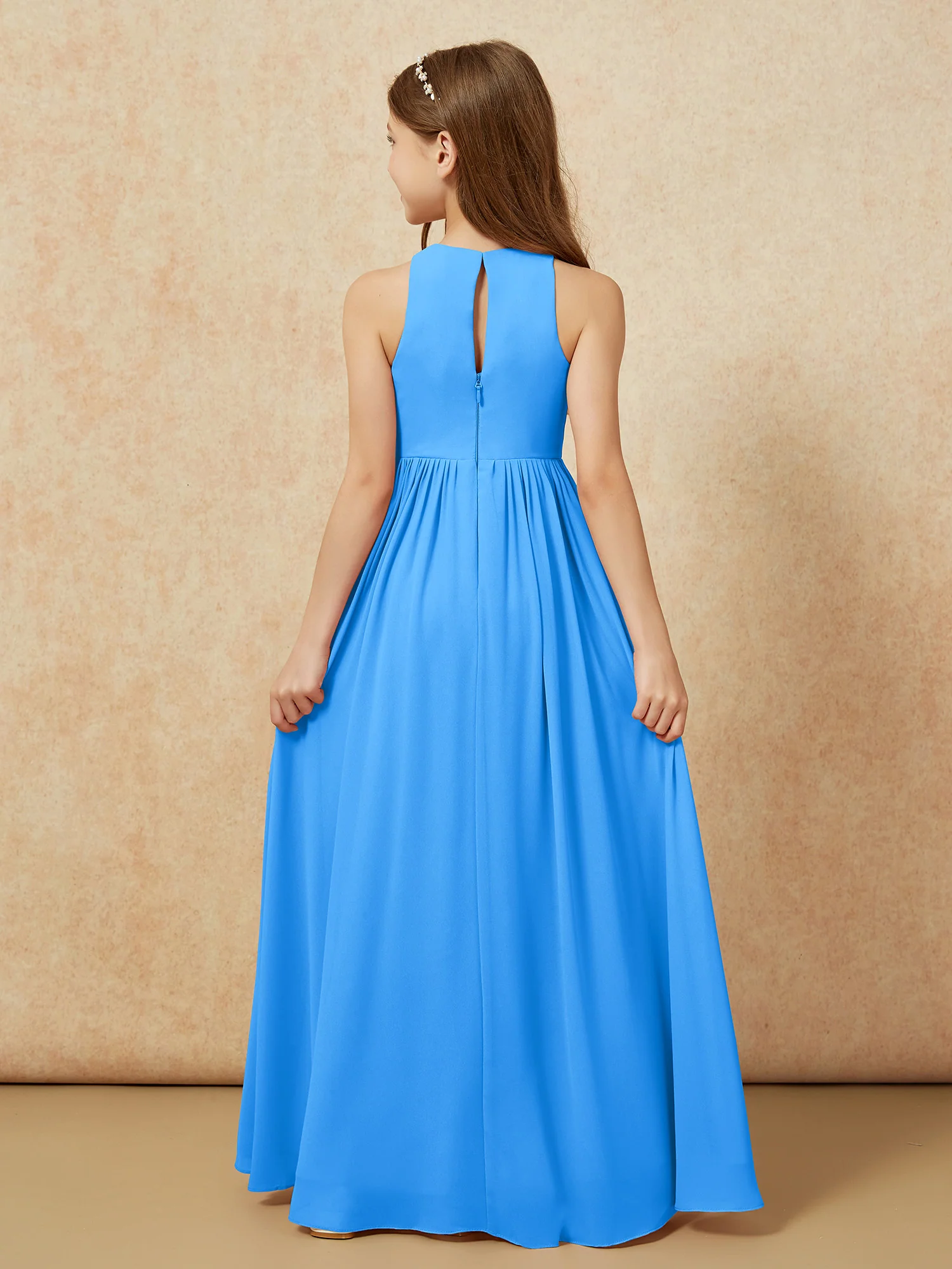 Simple sleeveless chiffon Junior Bridesmaid Dress Ocean Blue - Image 7