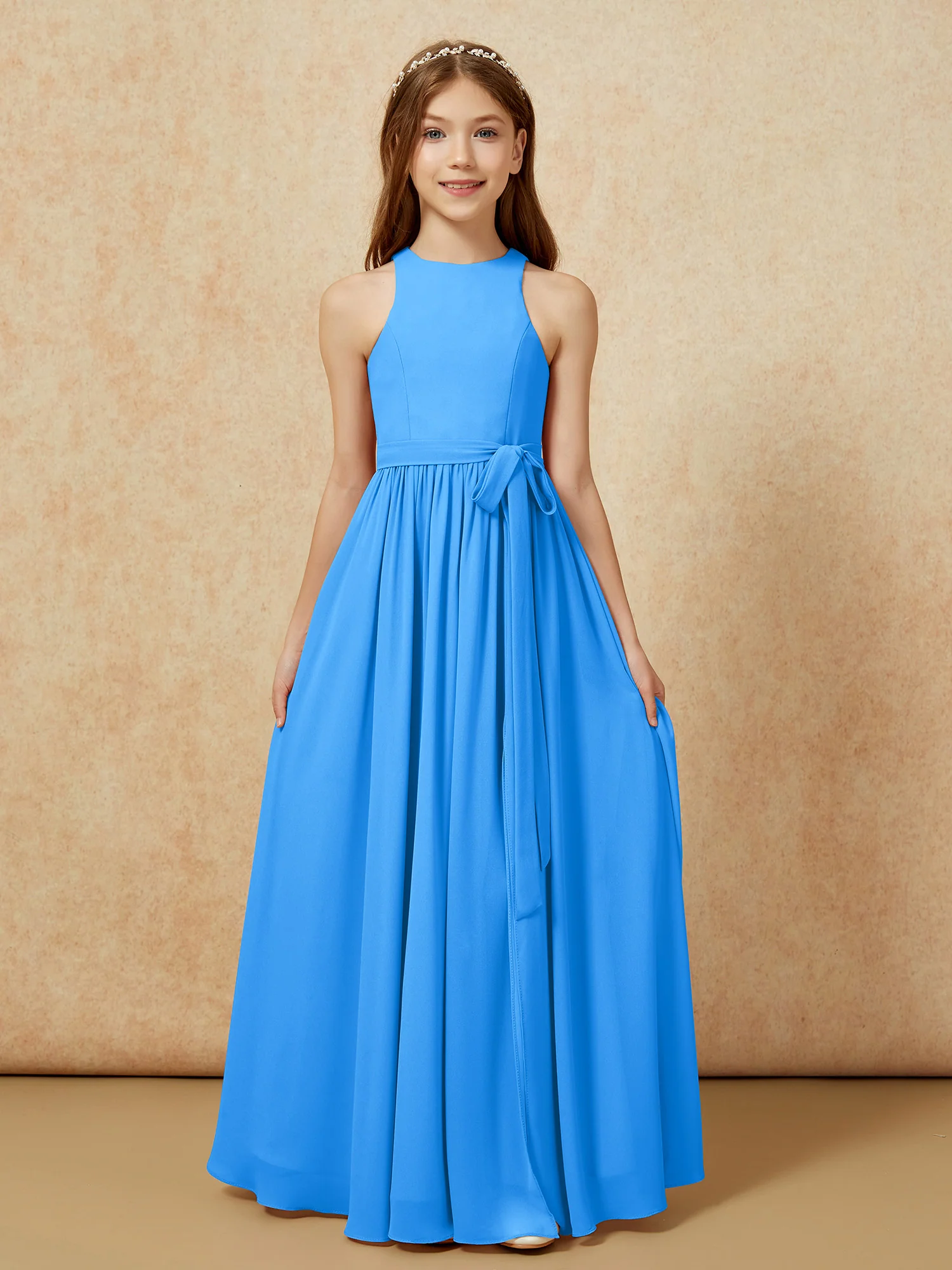 Simple sleeveless chiffon Junior Bridesmaid Dress Ocean Blue - Image 8