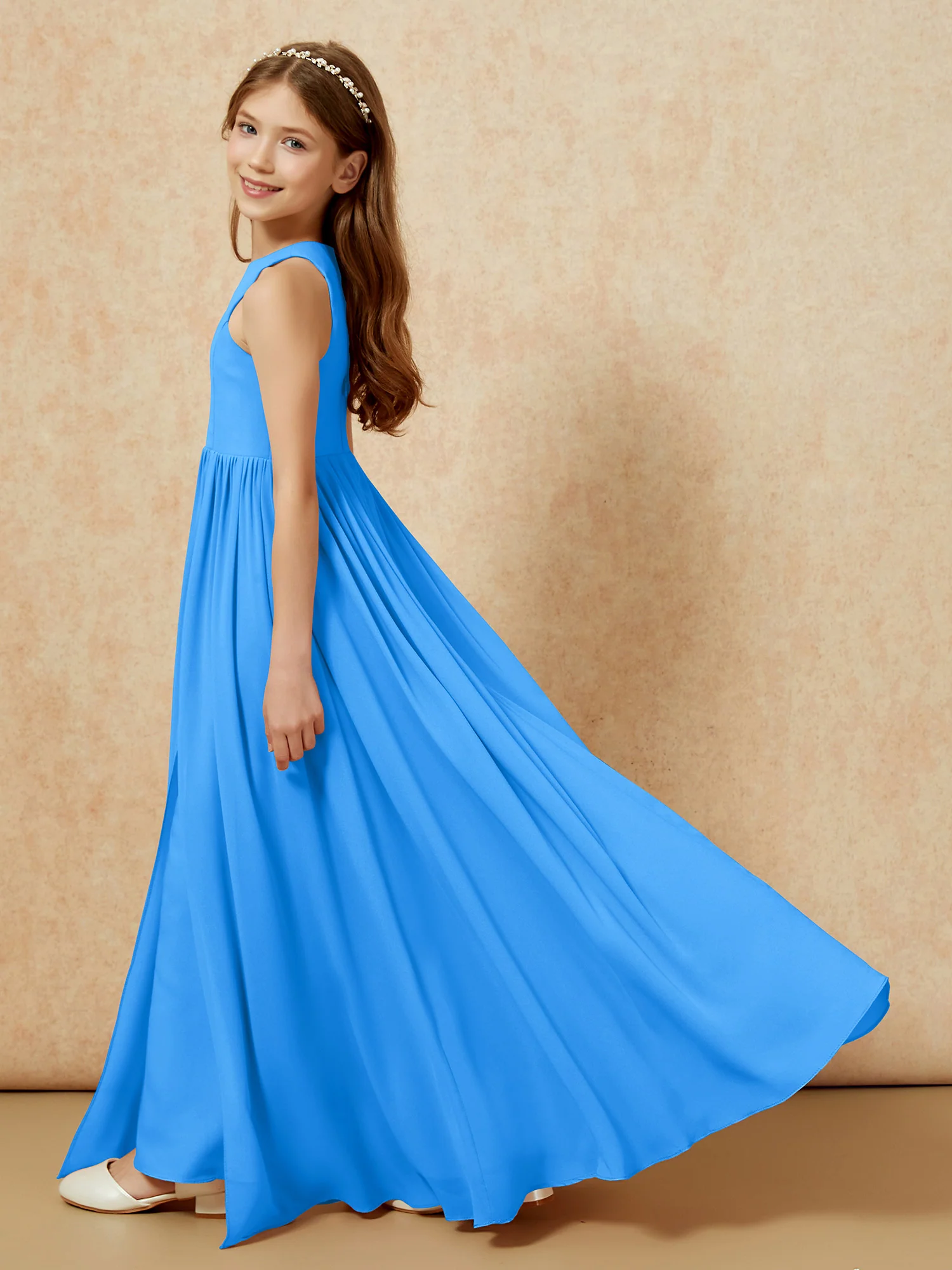 Simple sleeveless chiffon Junior Bridesmaid Dress Ocean Blue - Image 9