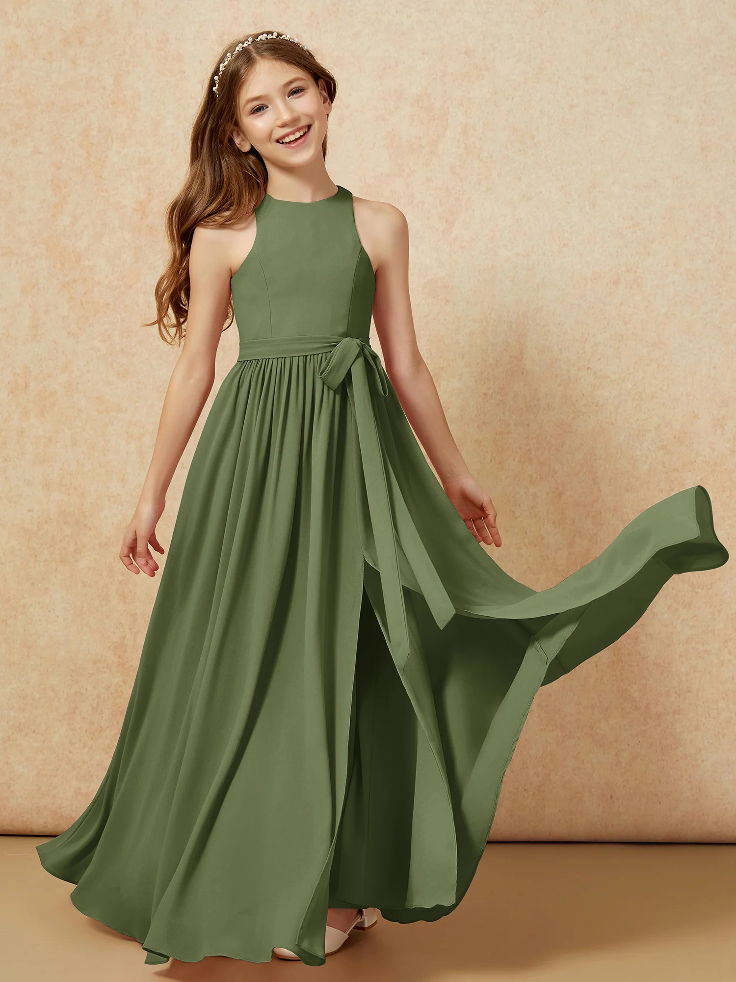 Simple sleeveless chiffon Junior Bridesmaid Dress Olive Green - Image 10