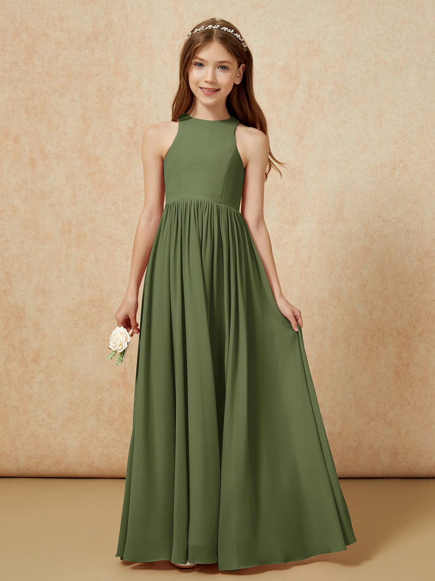 Simple sleeveless chiffon Junior Bridesmaid Dress Olive Green - Image 4